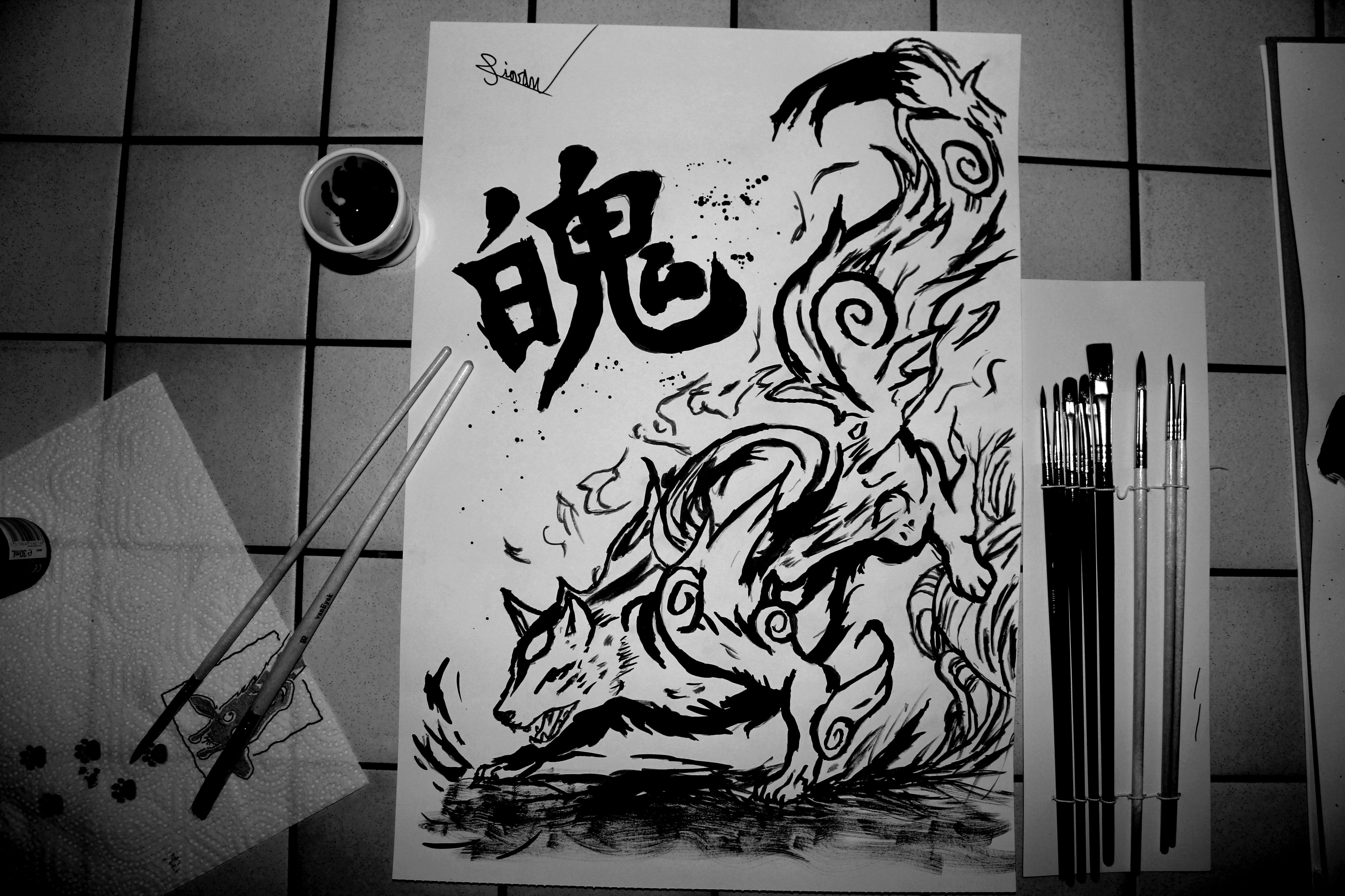 Anime 5184x3456 drawing anime monochrome Okami Amaterasu calligraphy ink Japanese Art kanji paint brushes white black
