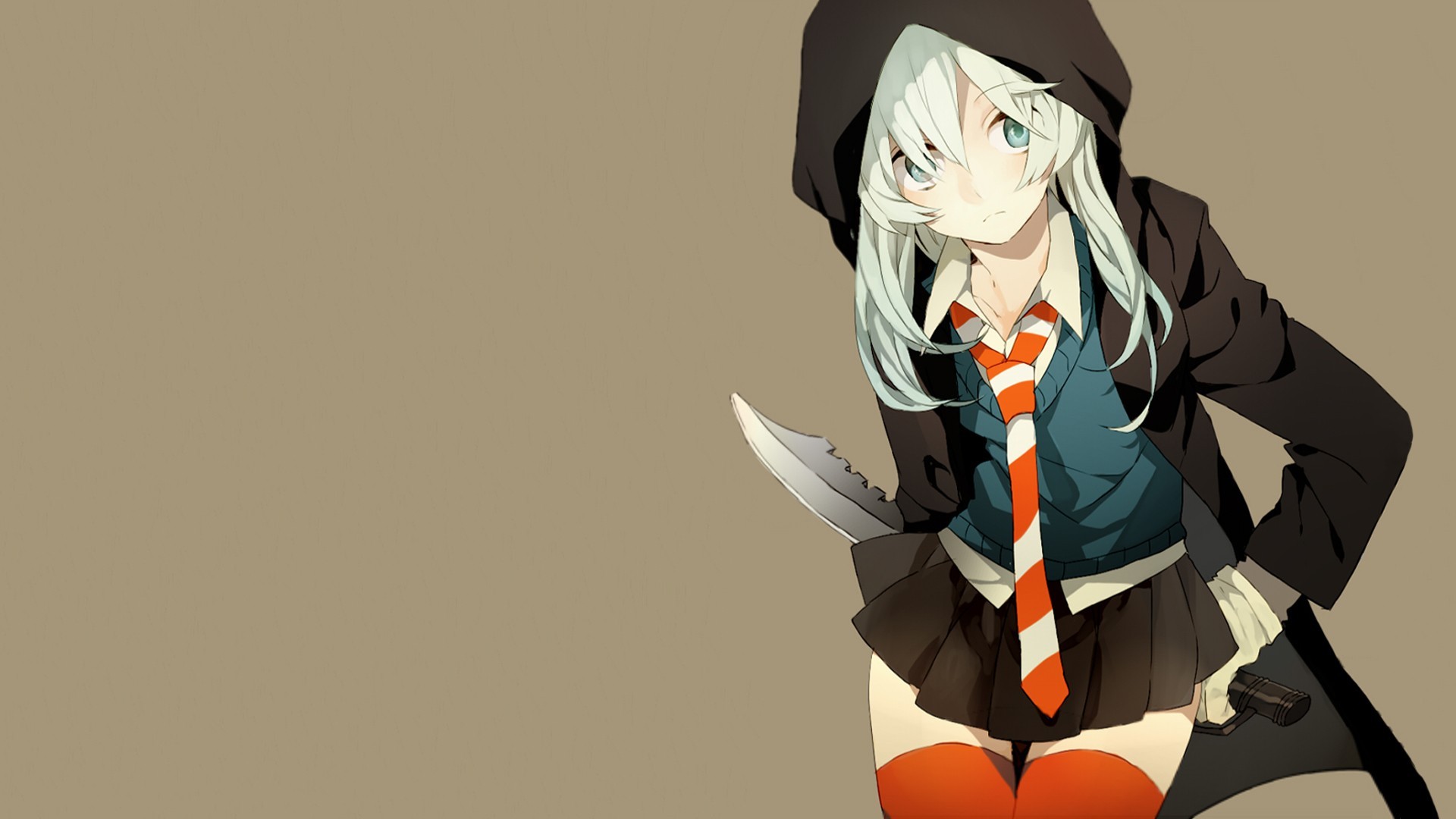 Anime 1920x1080 simple background anime girls tie blonde miniskirt anime hoods aqua eyes weapon knife