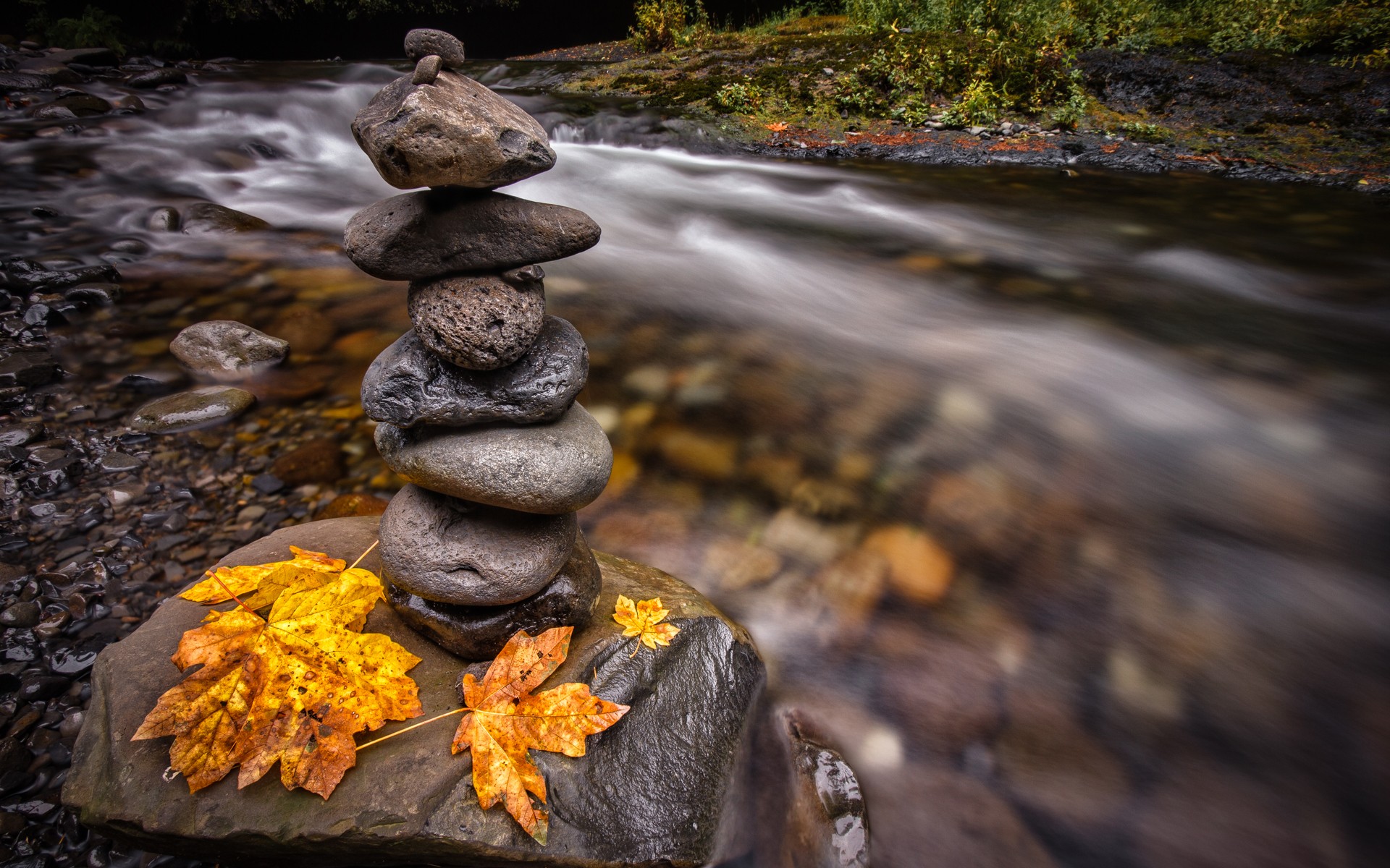 General 1920x1200 stones water creeks long exposure nature outdoors leaves fallen leaves fall cairn