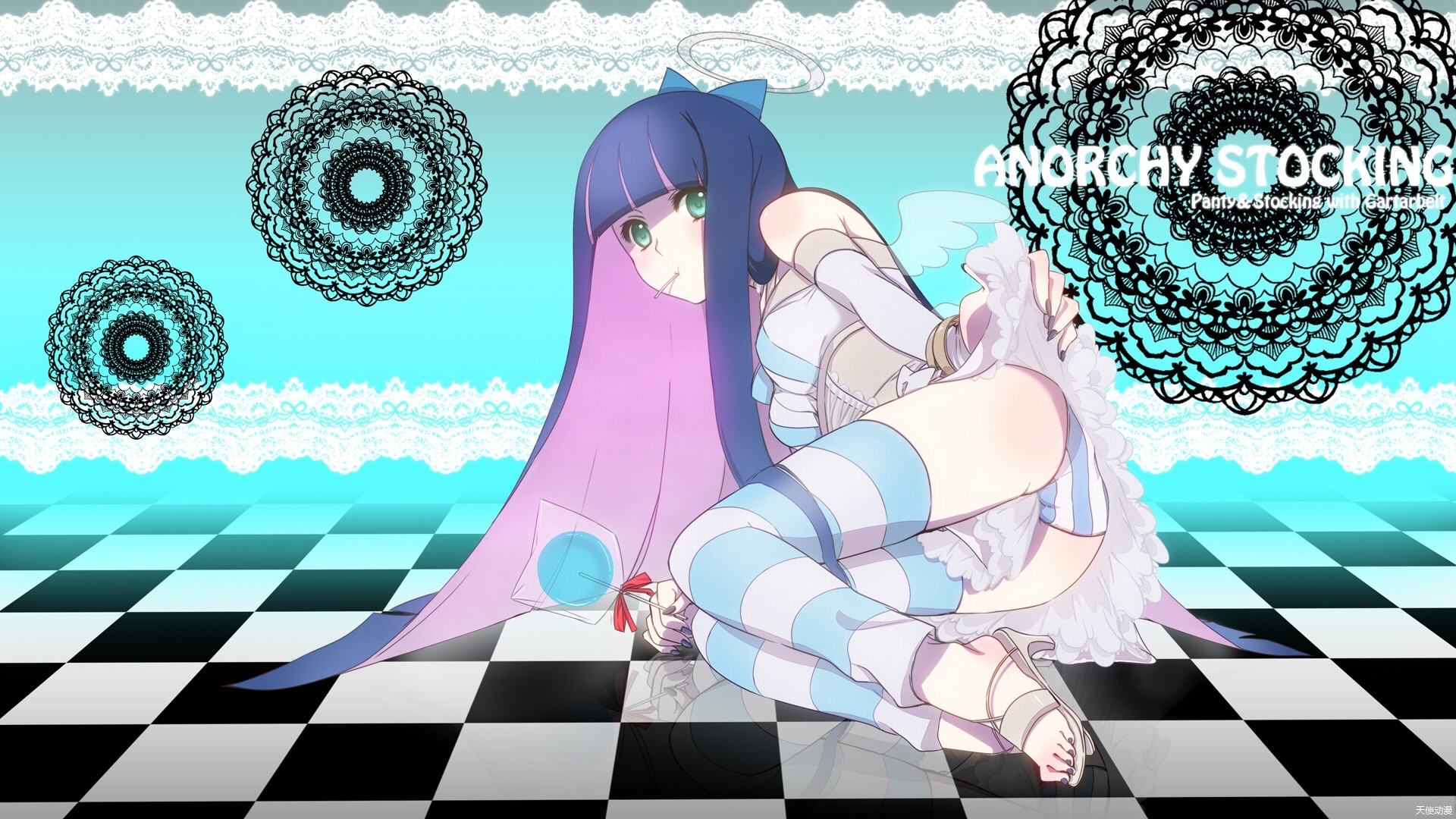 Anime 1920x1080 anime Panty and Stocking with Garterbelt Anarchy Stocking cyan lollipop ass green eyes underwear striped panties stockings striped stockings long hair food sweets legs together chess floor