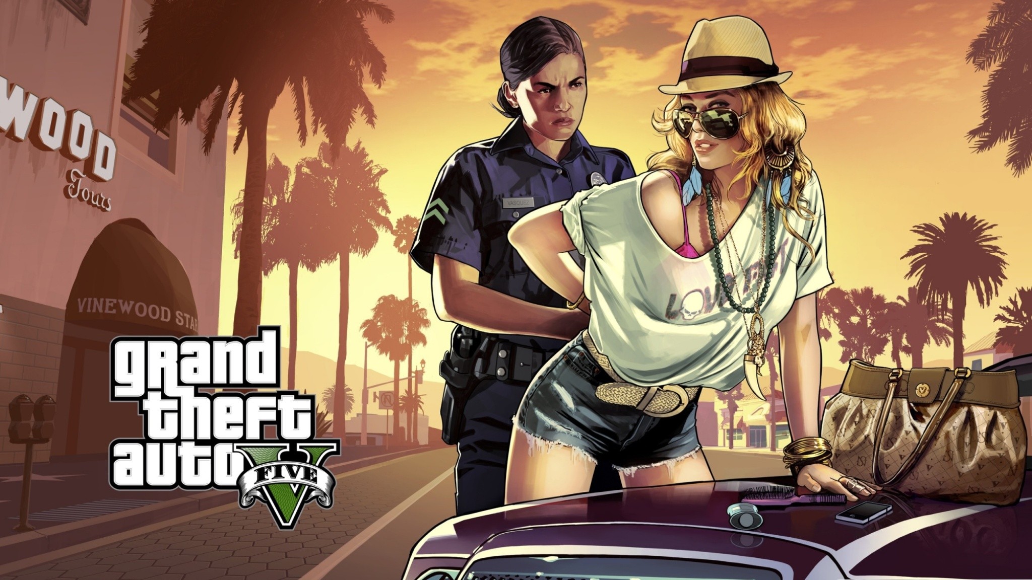 General 2048x1152 Grand Theft Auto V Rockstar Games video games women police car hat video game art police women women with hats two women PC gaming video game girls