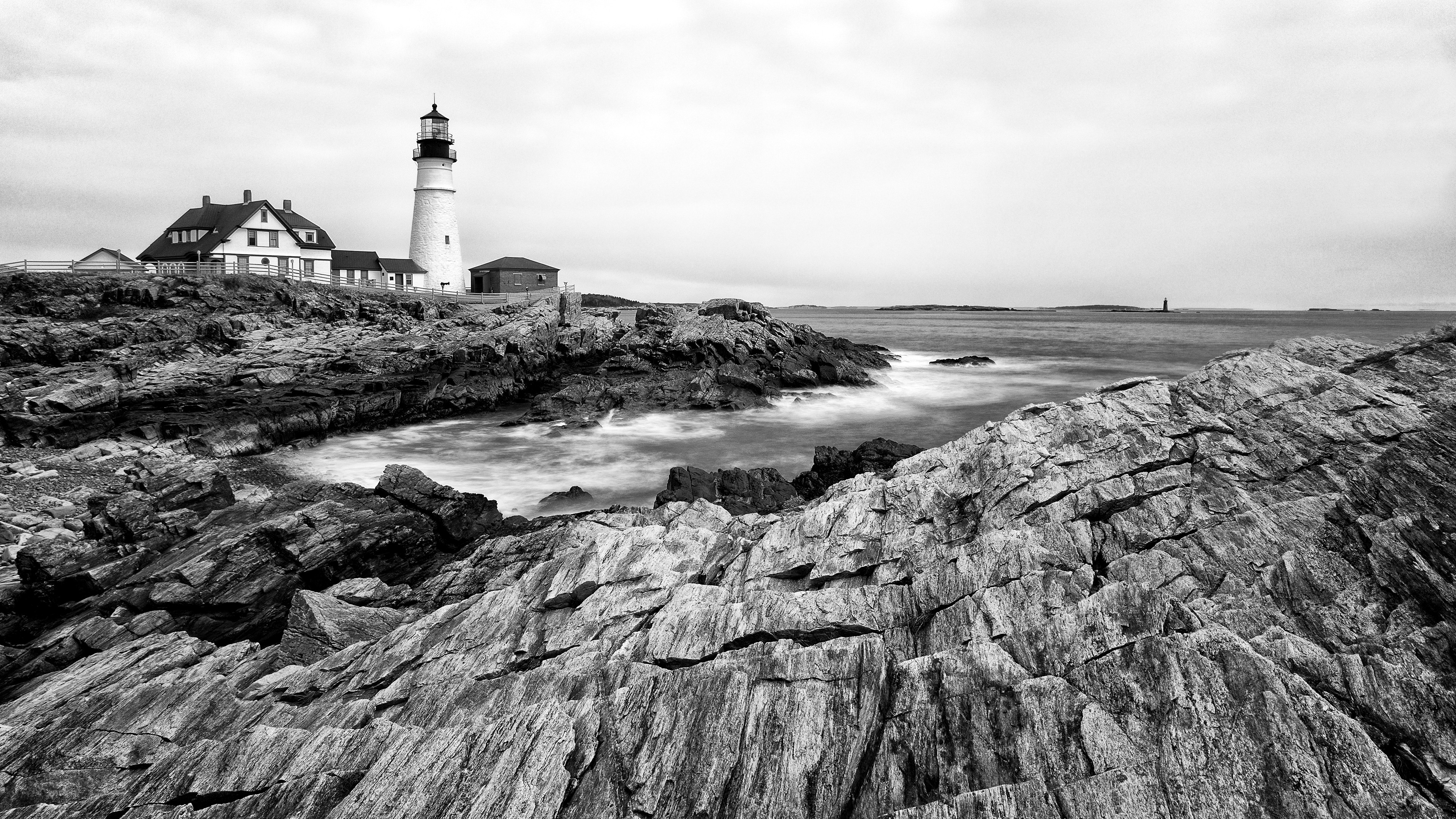 General 3840x2160 landscape Portland sea rocks lighthouse monochrome USA Maine outdoors