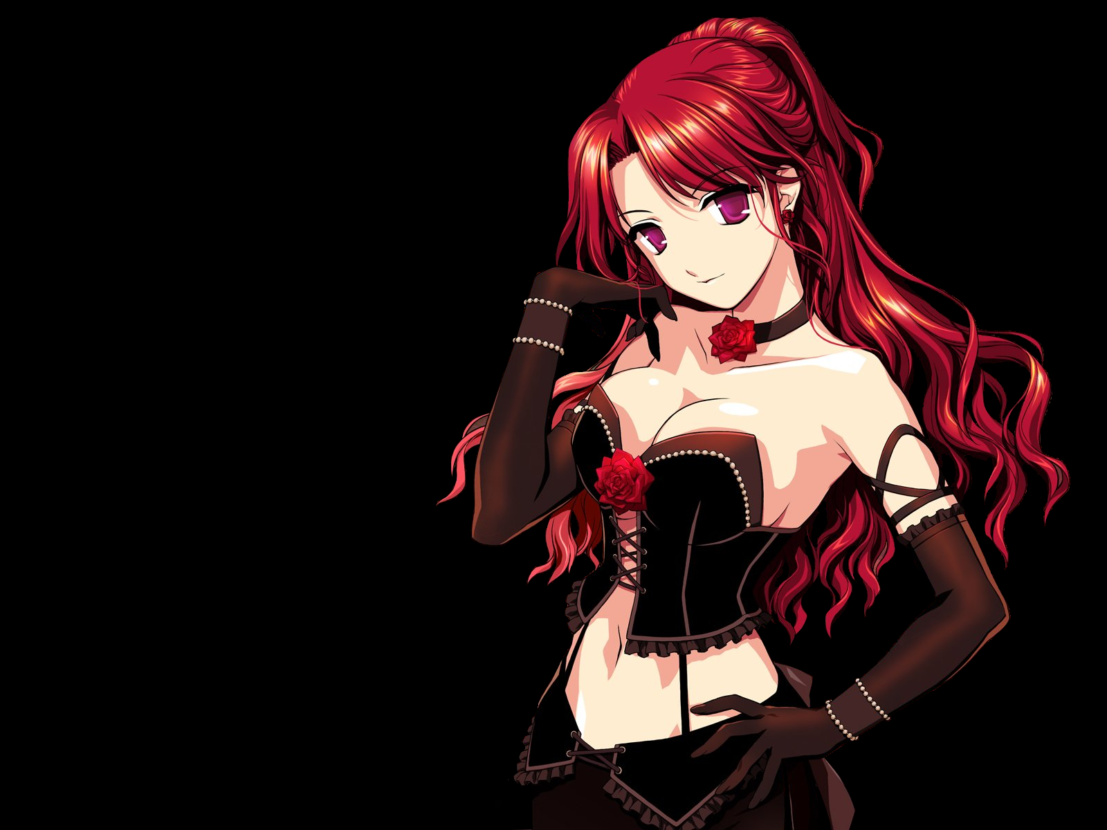 Anime 1600x1200 ecchi Mabinogi anime girls anime boobs corset simple background redhead long hair cleavage black background looking at viewer standing belly purple eyes choker
