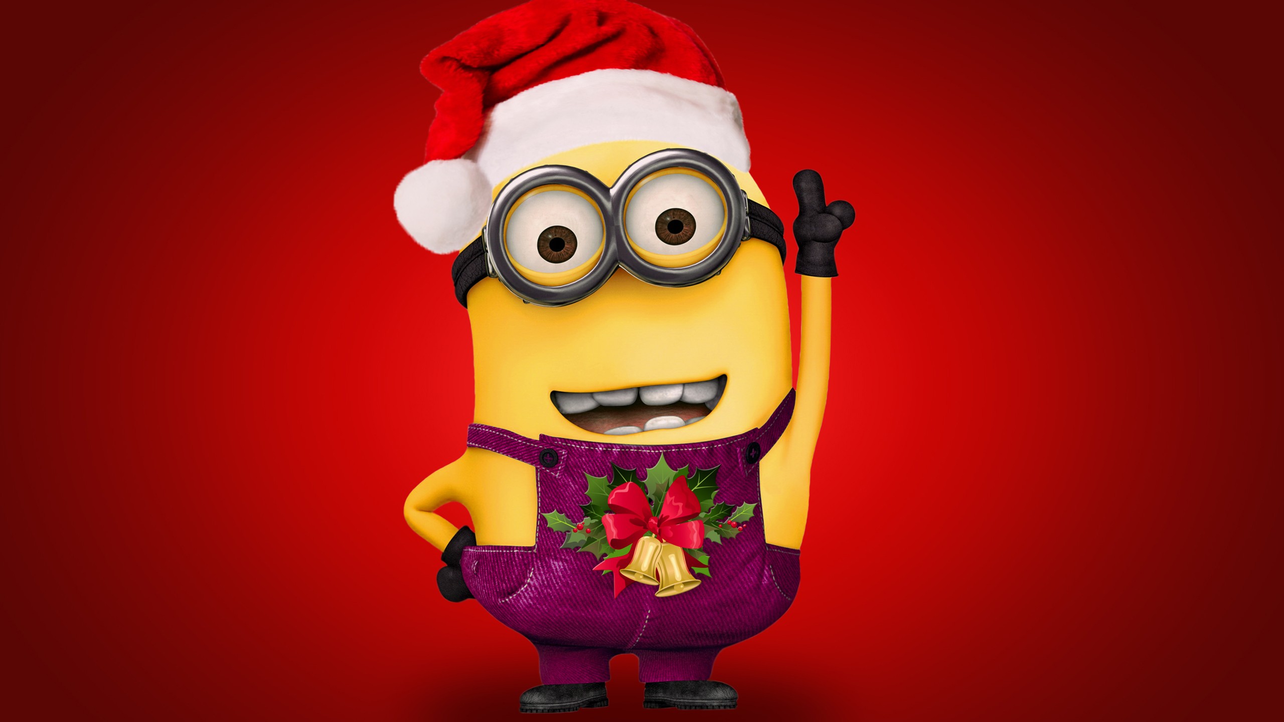 General 2560x1440 minions Christmas red background Santa hats movie characters digital art simple background