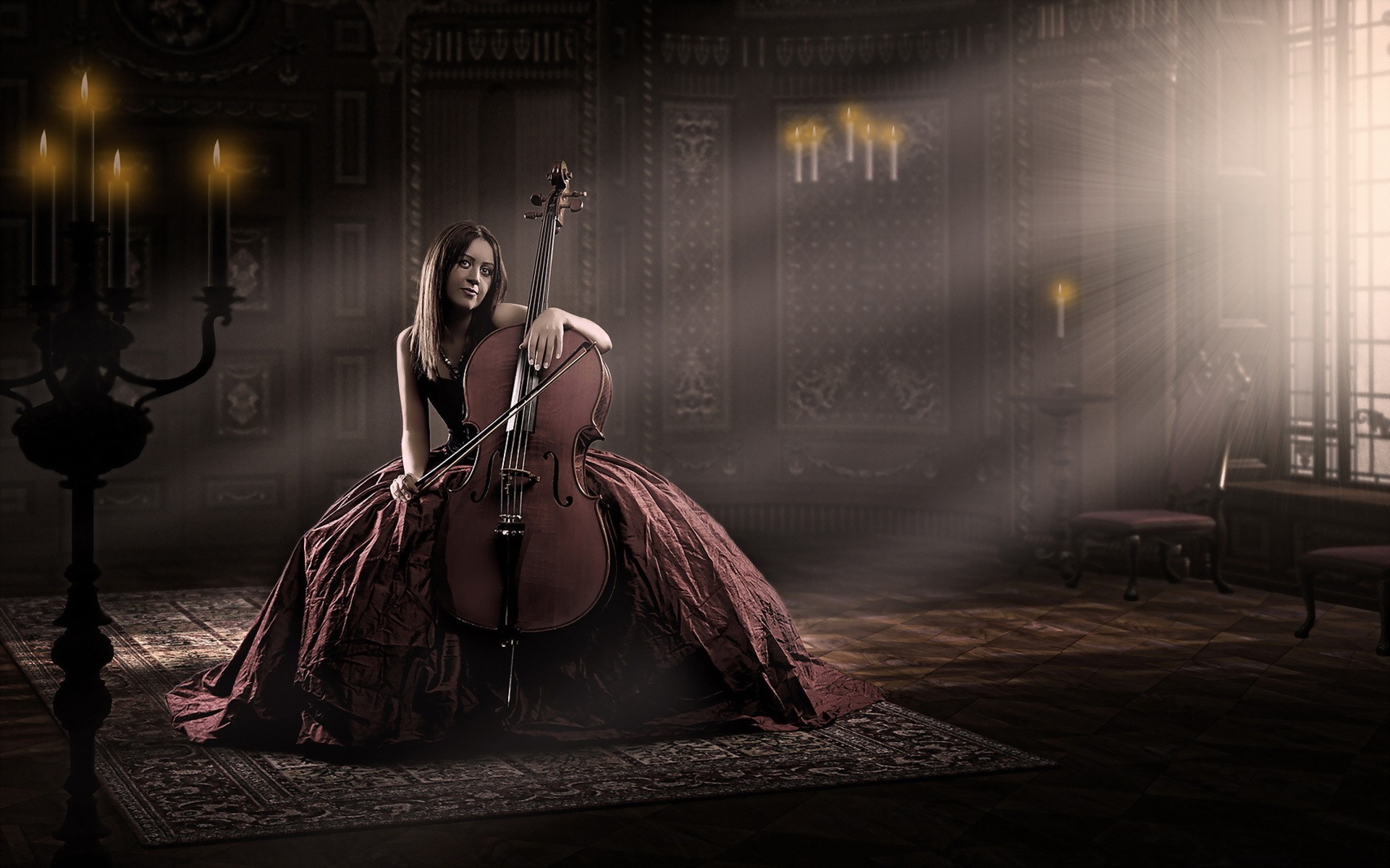 People 1920x1200 women musical instrument music candles dress red dress women indoors sitting cello looking at viewer