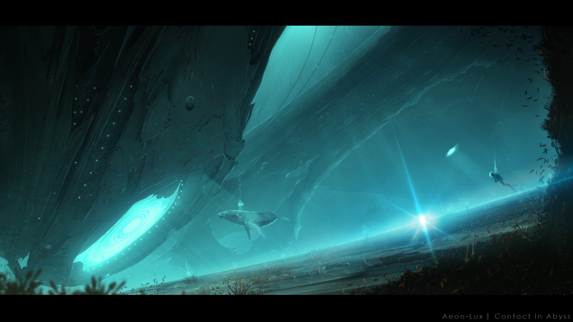 General 1920x1080 artwork science fiction underwater whale divers cyan
