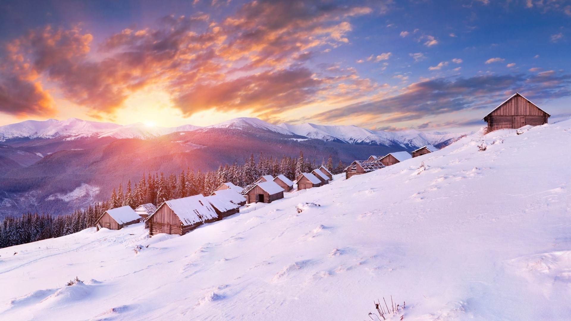 General 1920x1080 snow winter sunset mountain chain cabin nature landscape sunlight cold ice hut