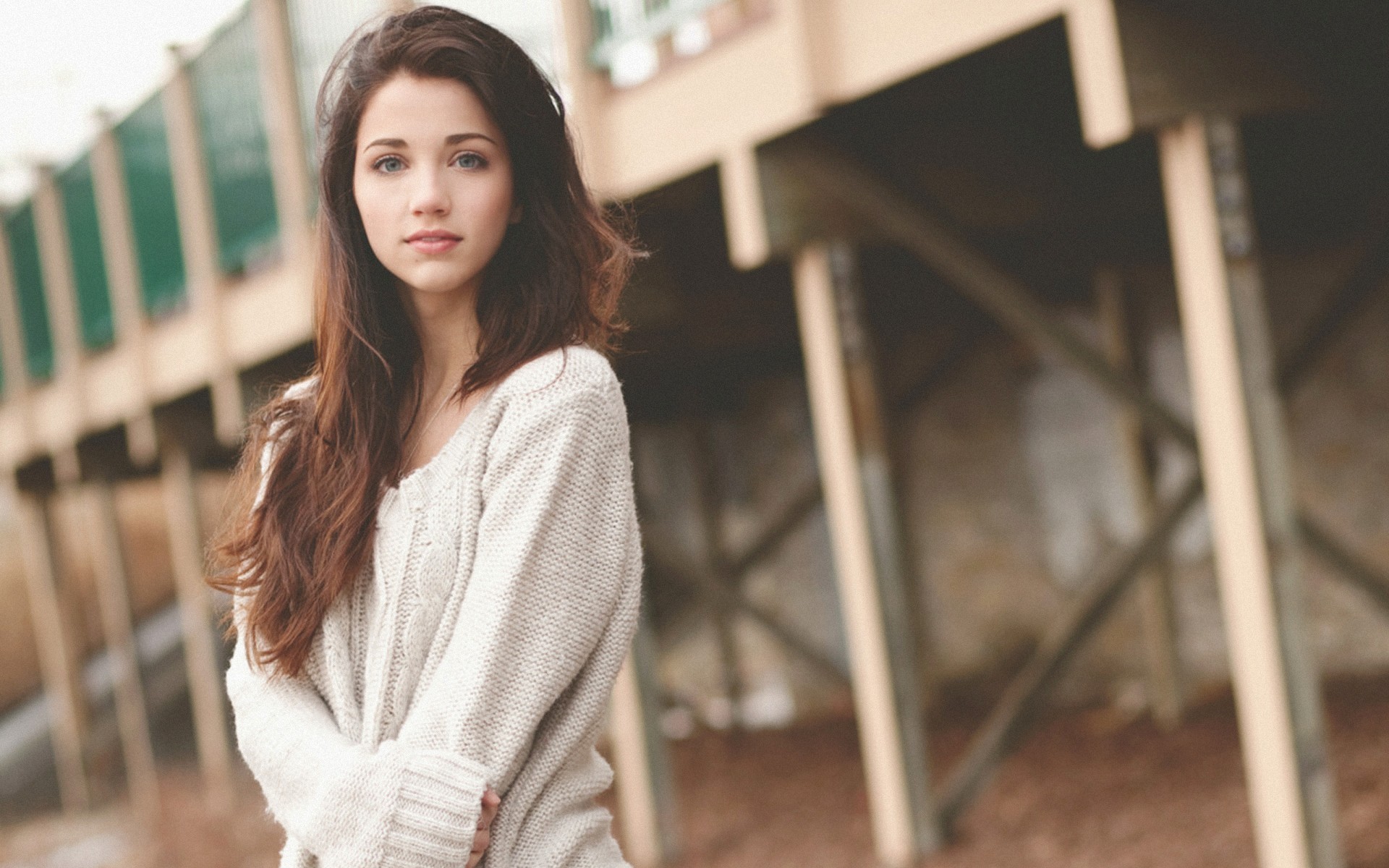 People 1920x1200 Emily Rudd brunette sweater blue eyes women women outdoors long hair face looking at viewer arms crossed urban white sweater model