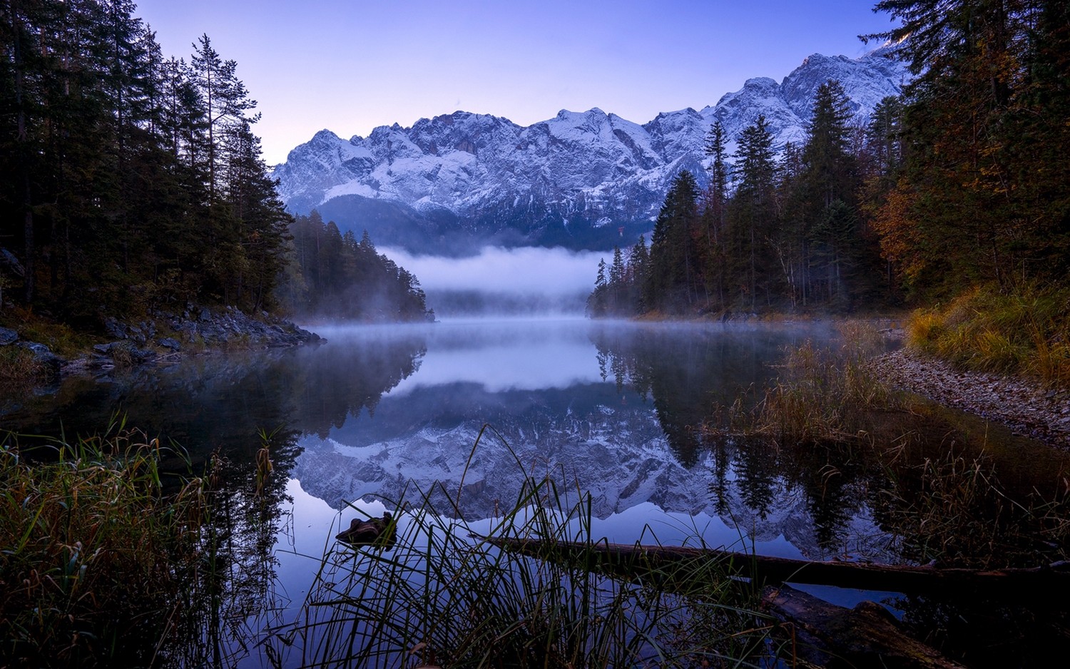 General 1500x938 nature landscape forest fall morning lake reflection mountains snowy peak trees shrubs Germany snowy mountain