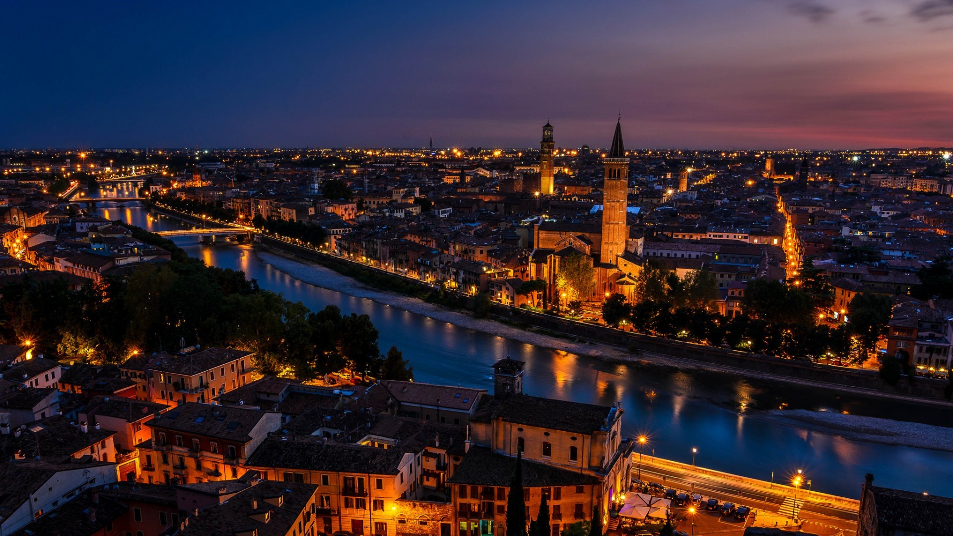 General 1920x1080 architecture city cityscape night lights building Verona Italy river old building bridge ancient church tower clouds reflection trees rooftops street