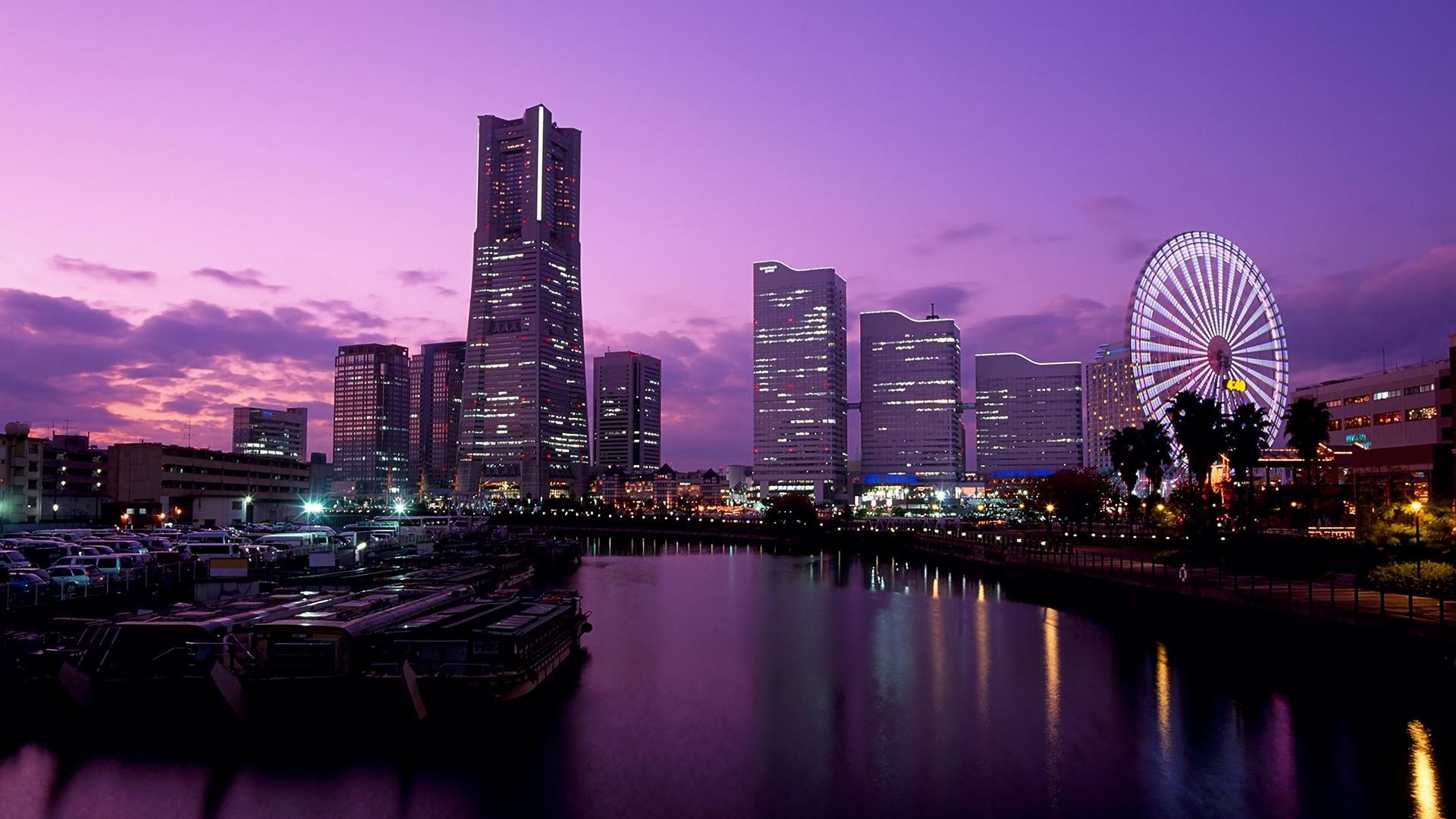 General 1920x1080 cityscape city ferris wheel sunset purple sky Yokohama Japan Asia city lights