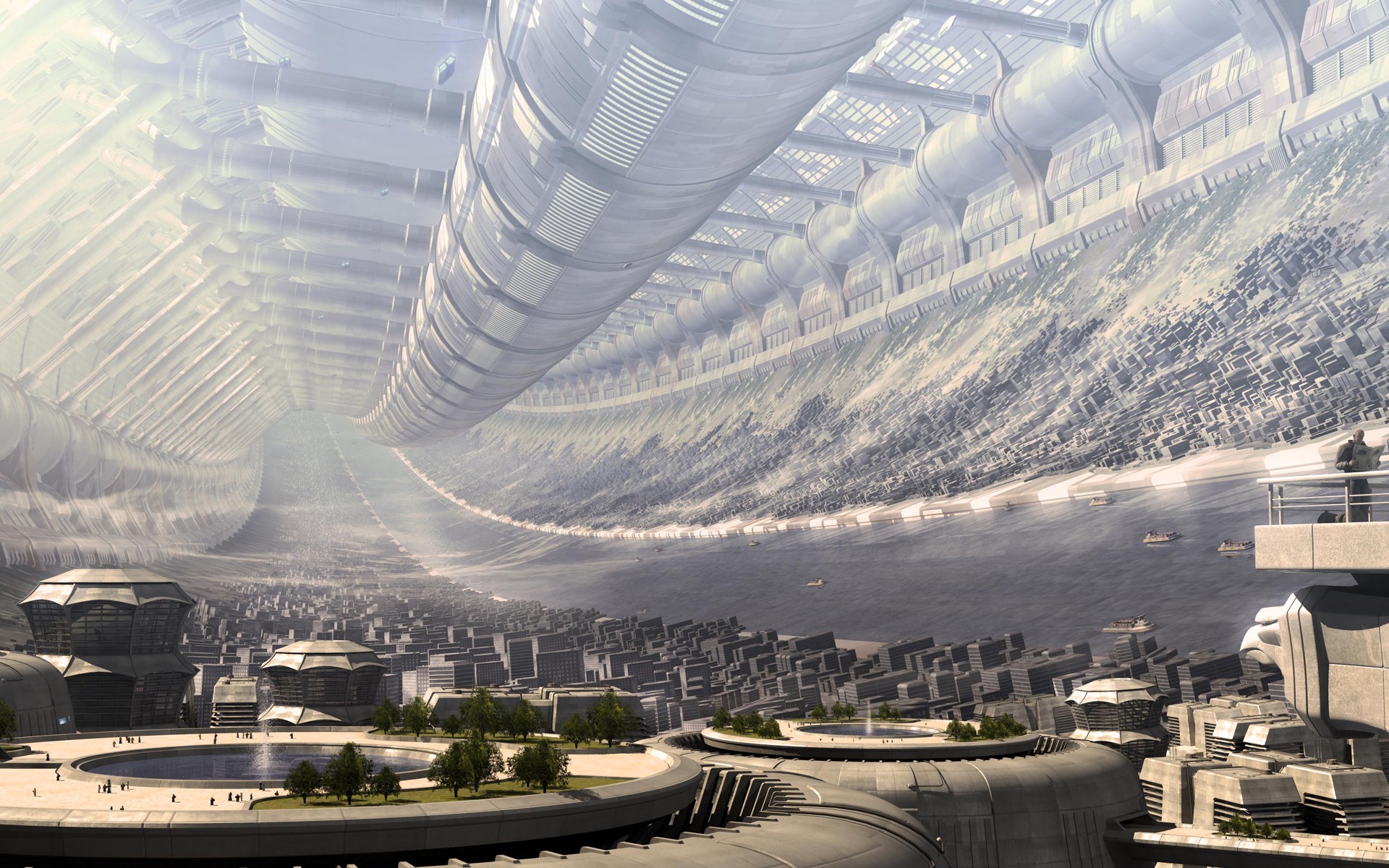 General 1920x1200 city cityscape science fiction building trees gray CGI digital art futuristic
