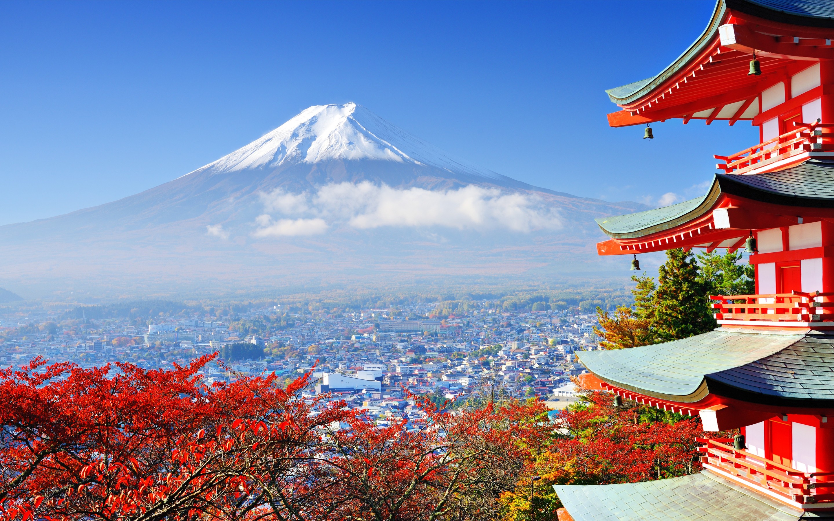 General 2880x1800 Japan mountains Mount Fuji Asian architecture building nature trees volcano cityscape outdoors snowy peak
