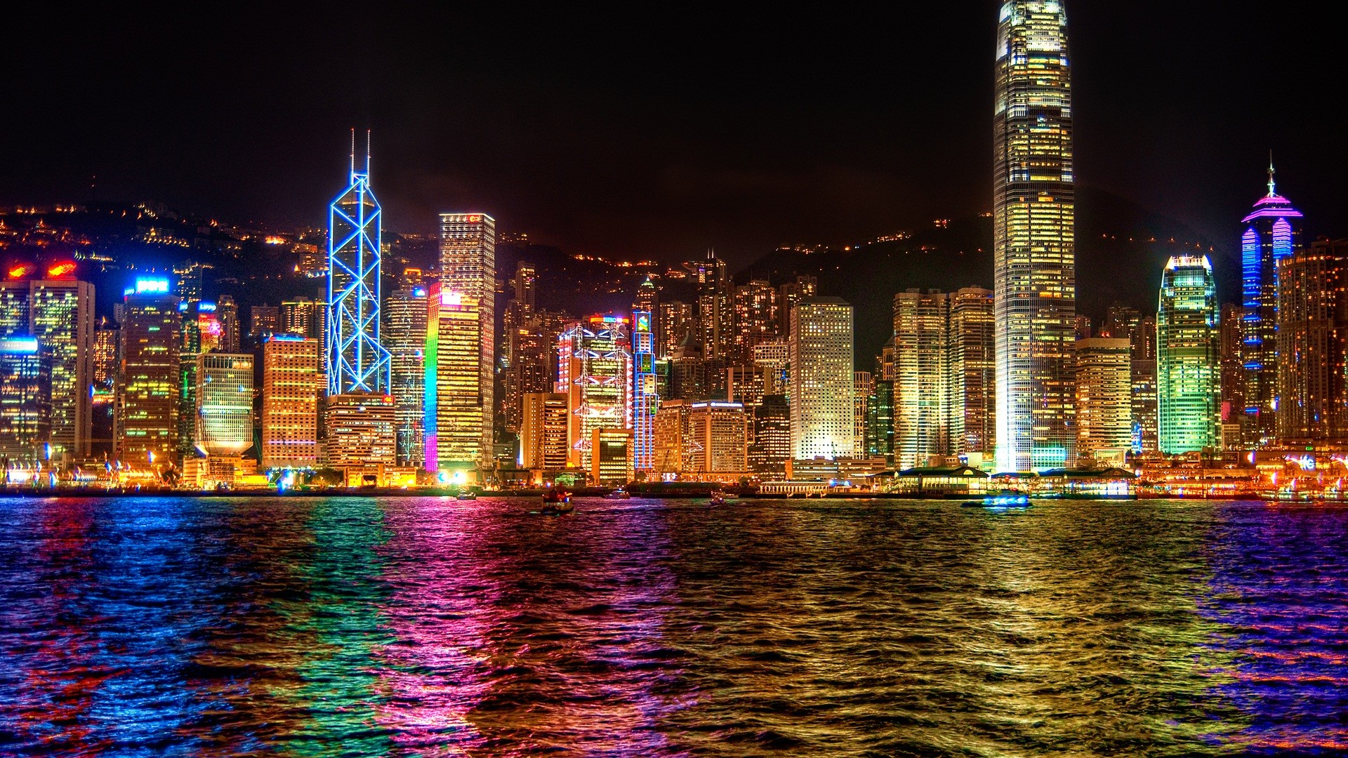 General 1920x1080 Hong Kong skyscraper lights water colorful cityscape China Asia city lights reflection low light