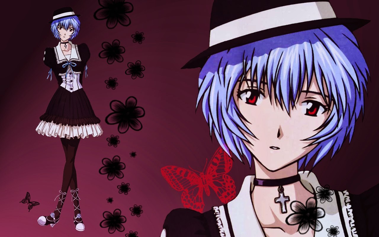 Anime 1280x800 anime Neon Genesis Evangelion Ayanami Rei anime girls necklace hat women with hats purple hair red eyes legs crossed