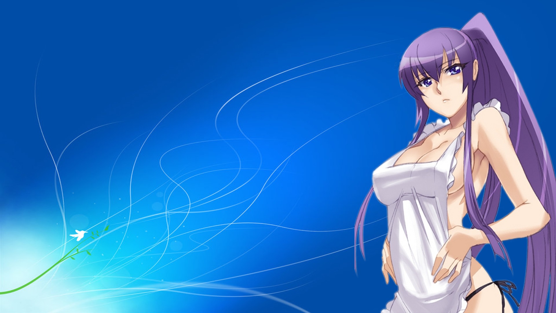 Anime 1920x1080 Busujima Saeko Highschool of the Dead big boobs blue background cleavage anime girls anime sideboob purple hair ponytail blue eyes boobs gradient long hair looking at viewer partially clothed apron white apron naked apron