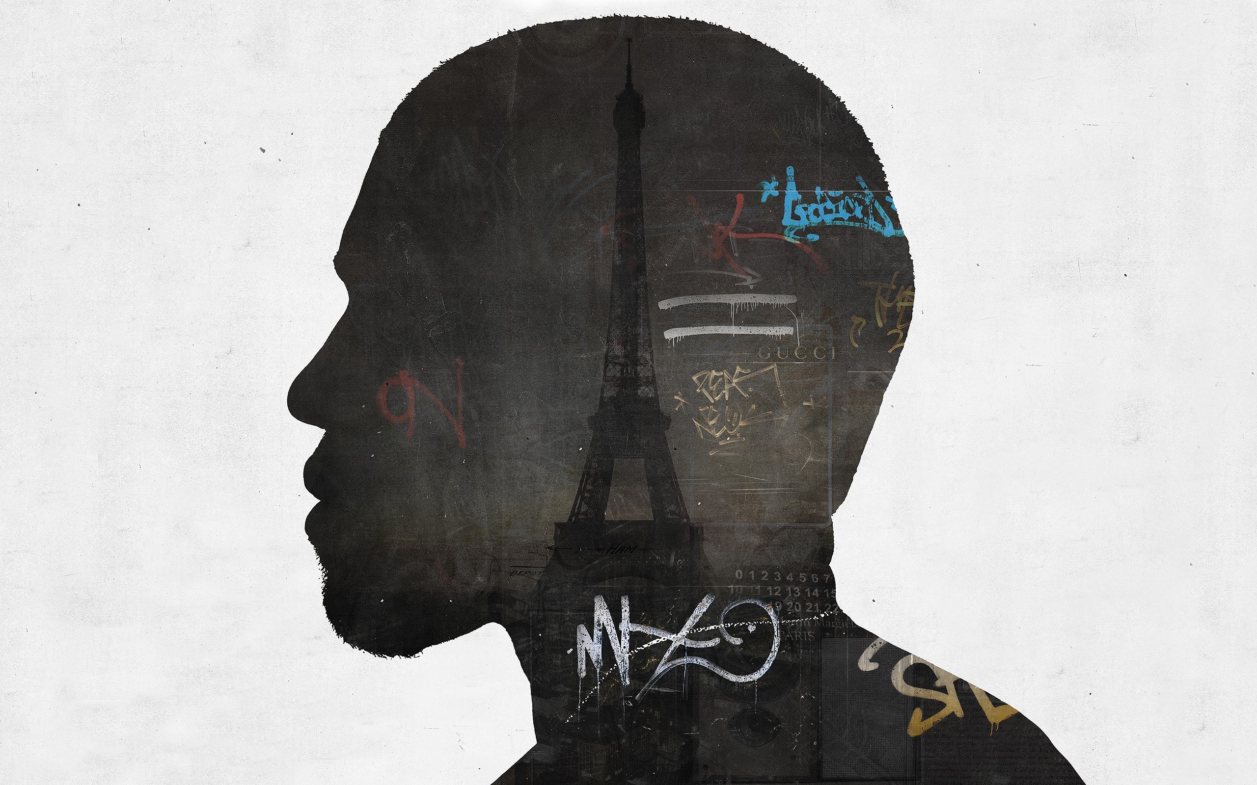 General 2560x1600 Alex Cherry Kanye West graffiti Eiffel Tower profile artwork face silhouette simple background Paris men white background celebrity Rapper singer