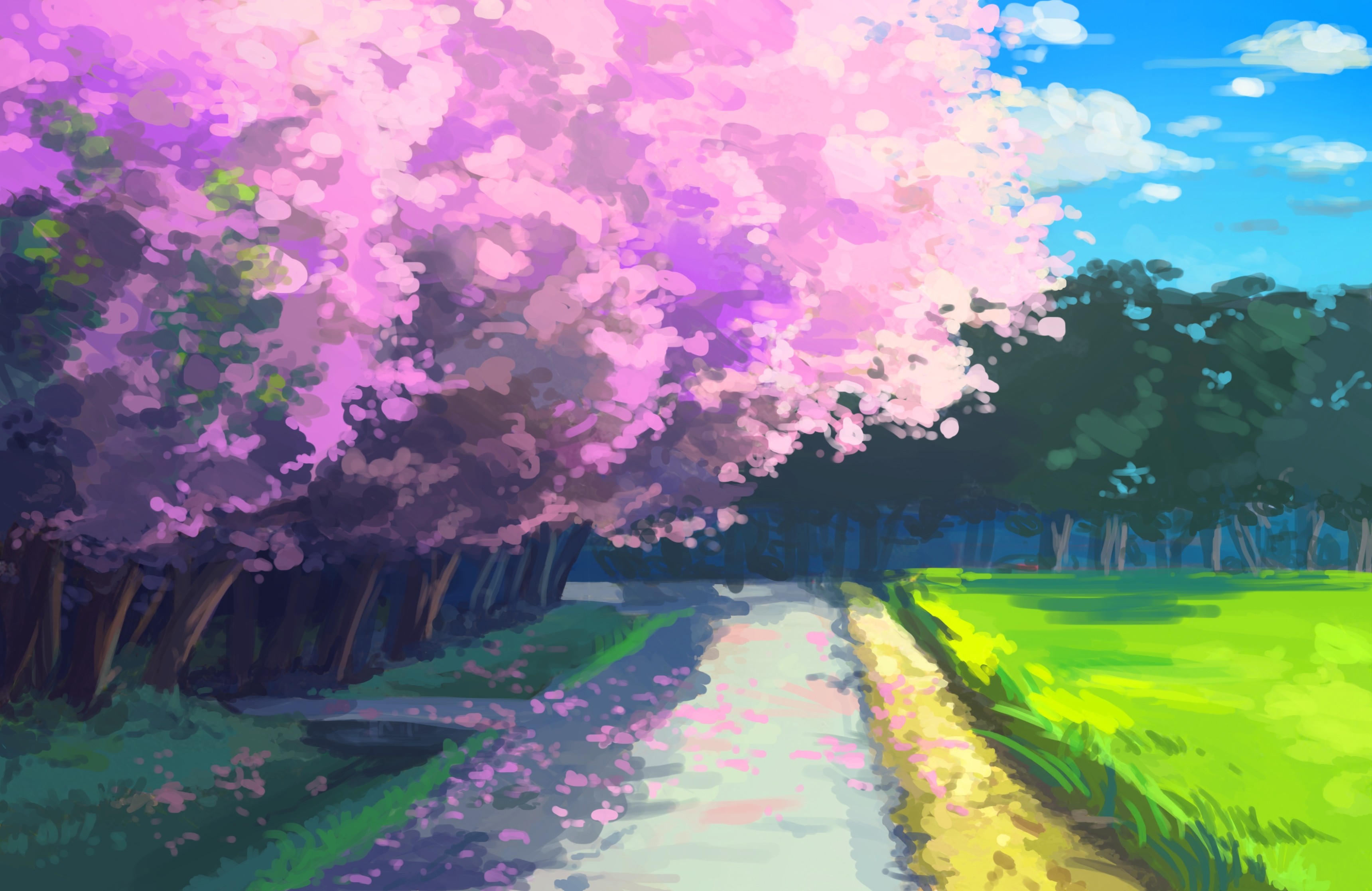 Anime 3440x2234 anime cherry blossom trees outdoors plants