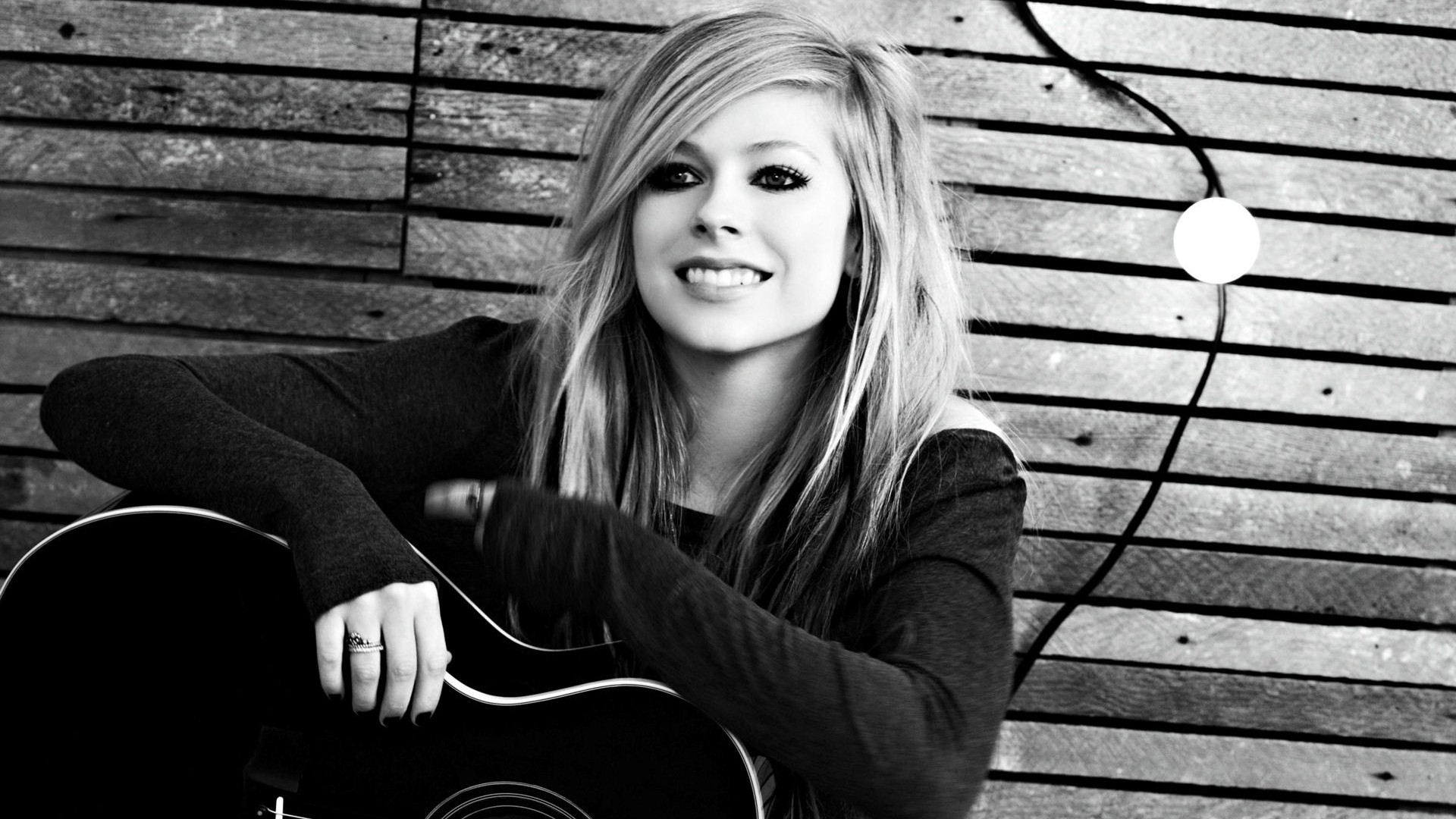 People 1920x1080 Avril Lavigne women monochrome smiling singer celebrity musical instrument guitar