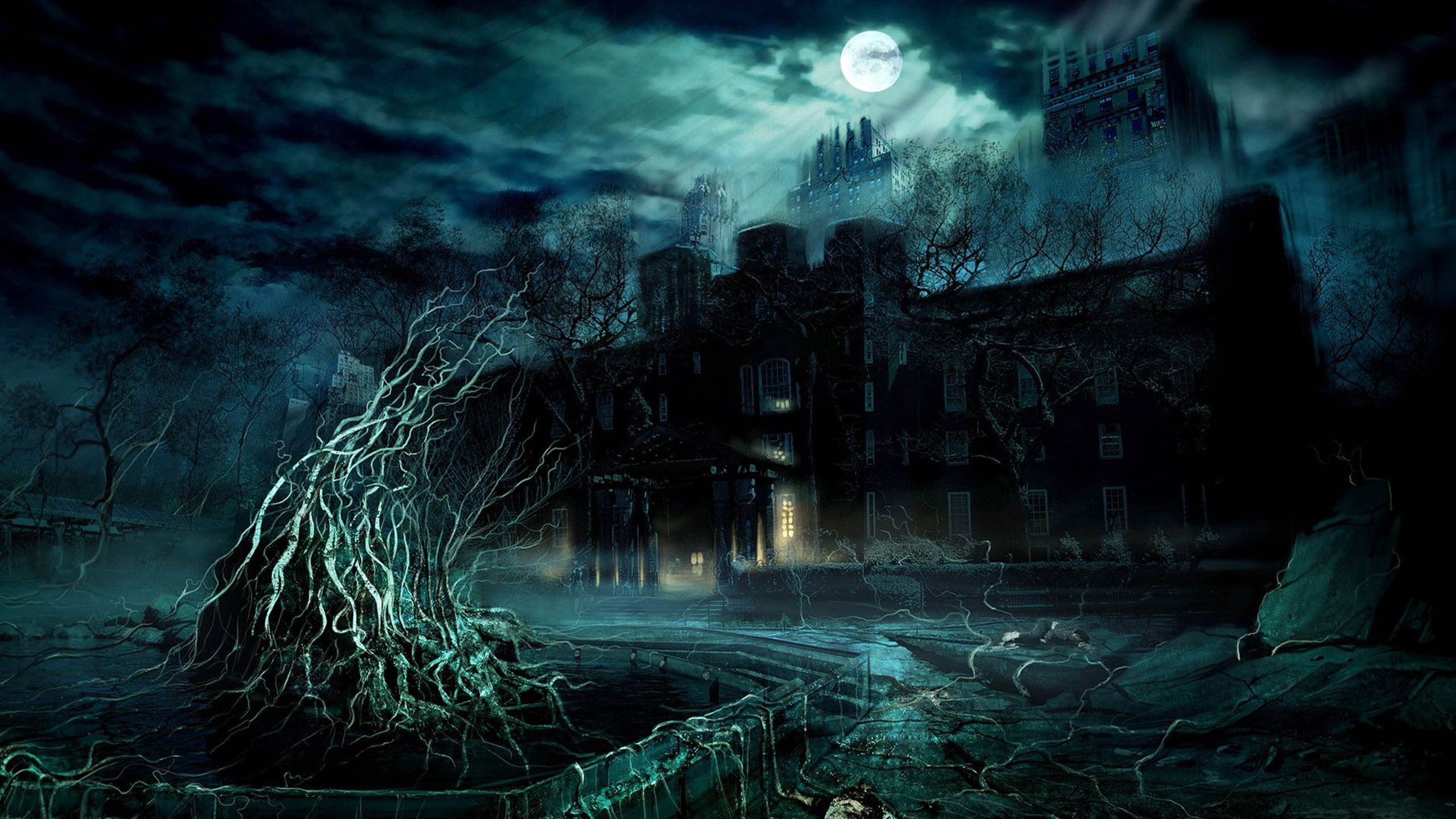 General 2560x1440 spooky building night horror artwork