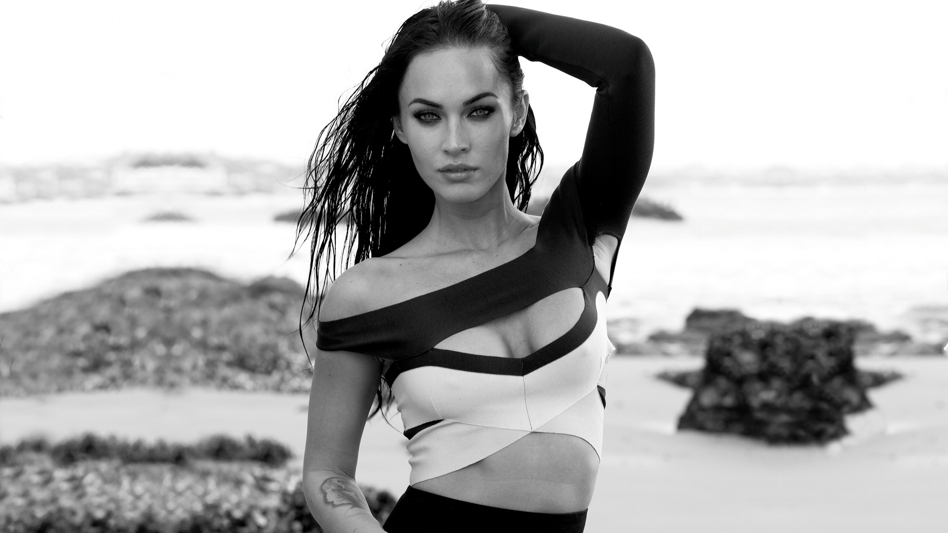 People 1920x1080 Megan Fox monochrome arms up tattoo cleavage actress women celebrity boobs looking at viewer women outdoors inked girls long hair standing