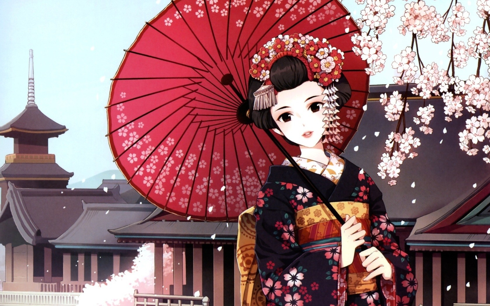 Anime 1680x1050 anime anime girls kimono traditional clothing cherry blossom umbrella original characters Japan dark hair Asia fantasy art