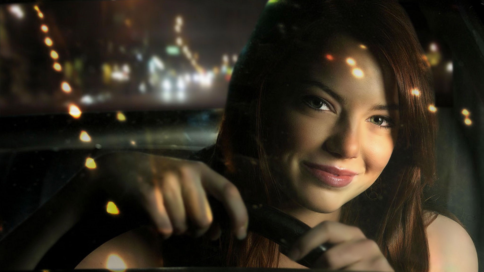People 1920x1080 Emma Stone actress car lights women with cars hands steering wheel women celebrity face smiling