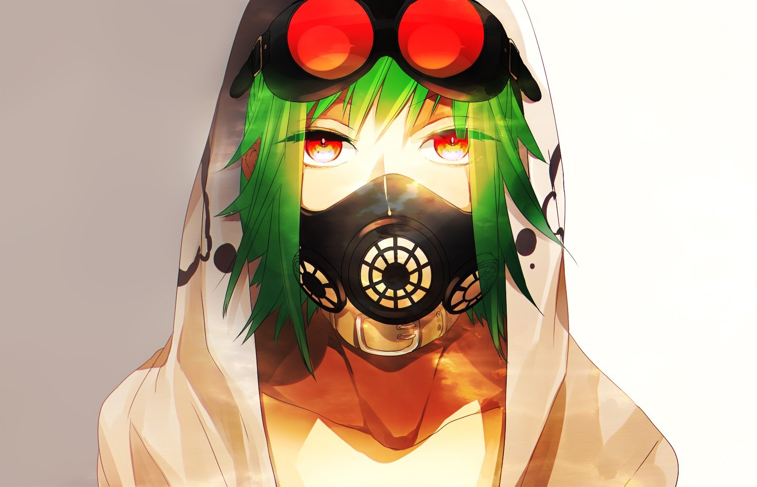 Anime 1555x1000 anime Vocaloid Megpoid Gumi gas masks goggles anime girls glowing eyes green hair face simple background red eyes