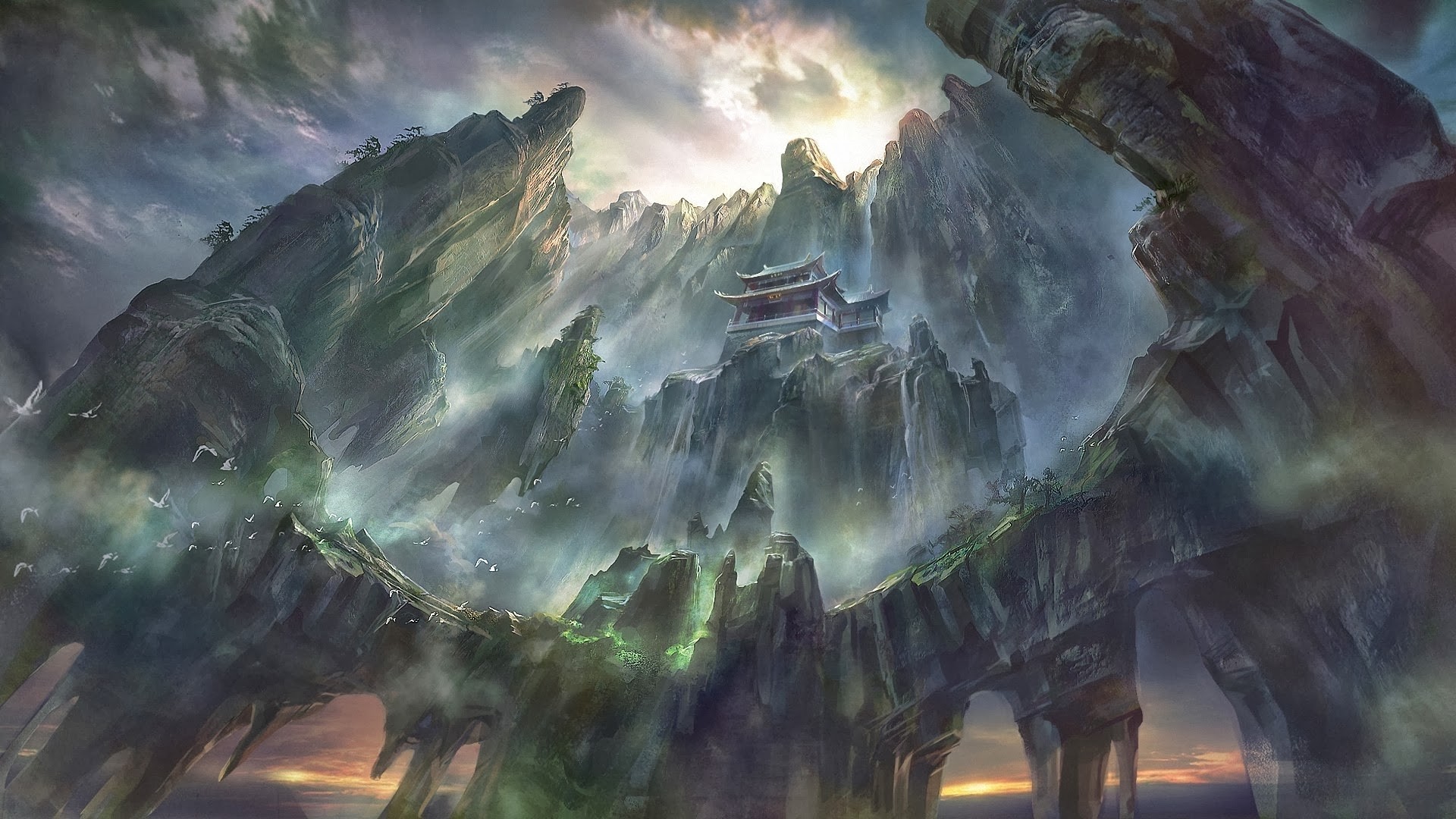 General 1920x1080 artwork fantasy art pagoda Asian architecture mountains waterfall digital art rock formation low-angle