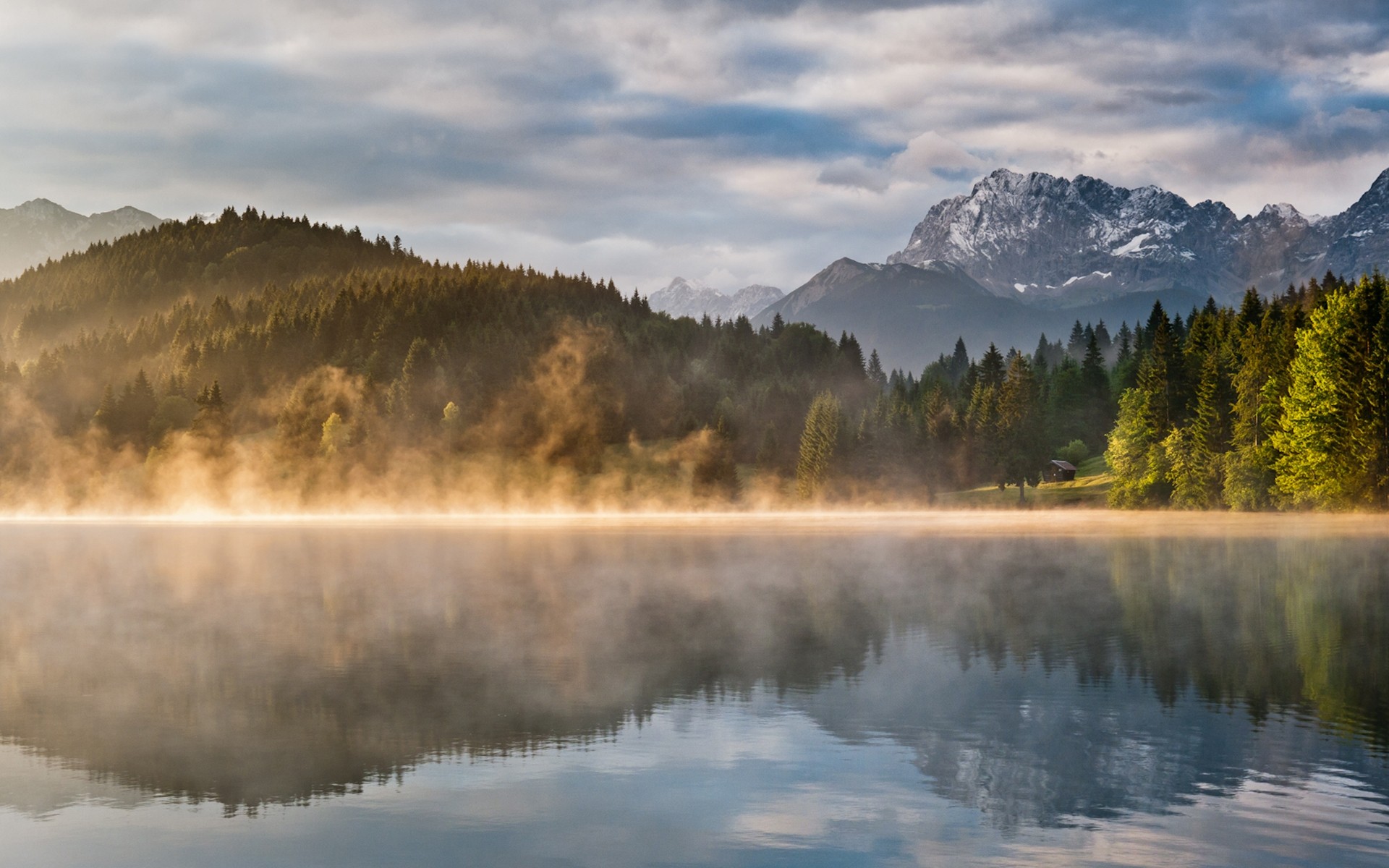 General 1920x1200 nature mountains lake reflection mist landscape sunlight calm waters calm