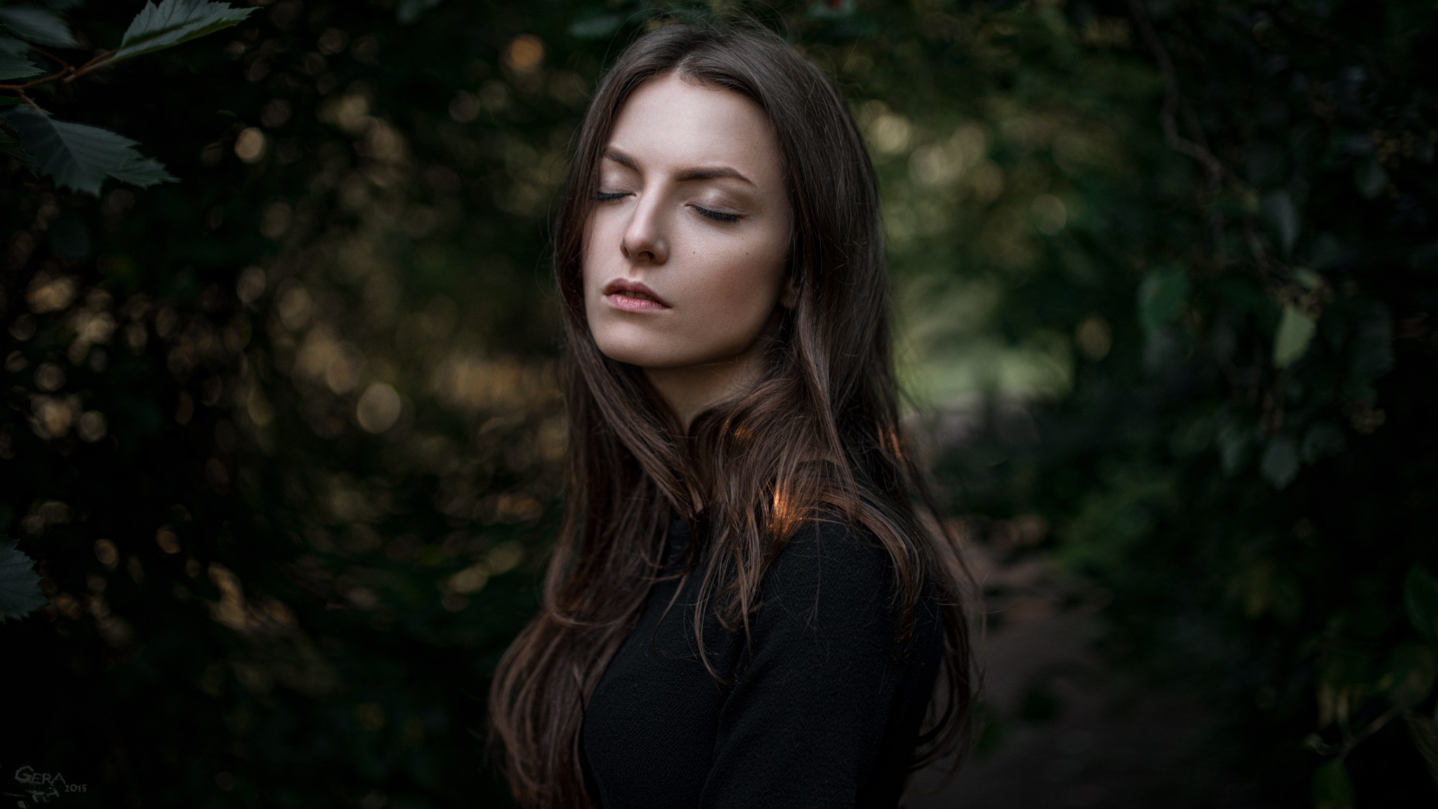People 2048x1152 women brunette women outdoors Georgy Chernyadyev closed eyes long hair blurred outdoors face 2015 (Year) portrait Karina Sunceva watermarked
