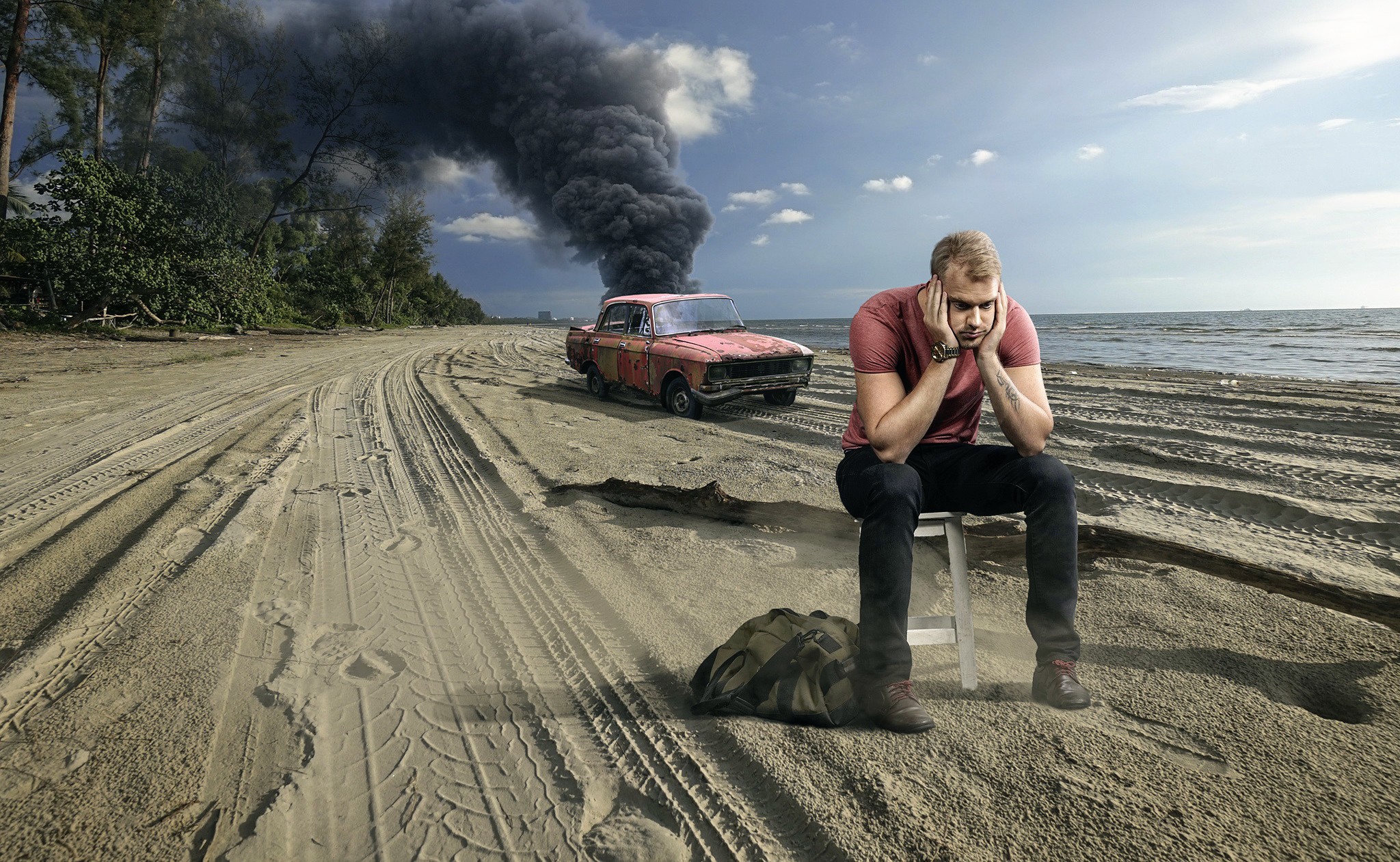 People 2048x1261 men beach car wreck red cars smoke men outdoors Moskvich