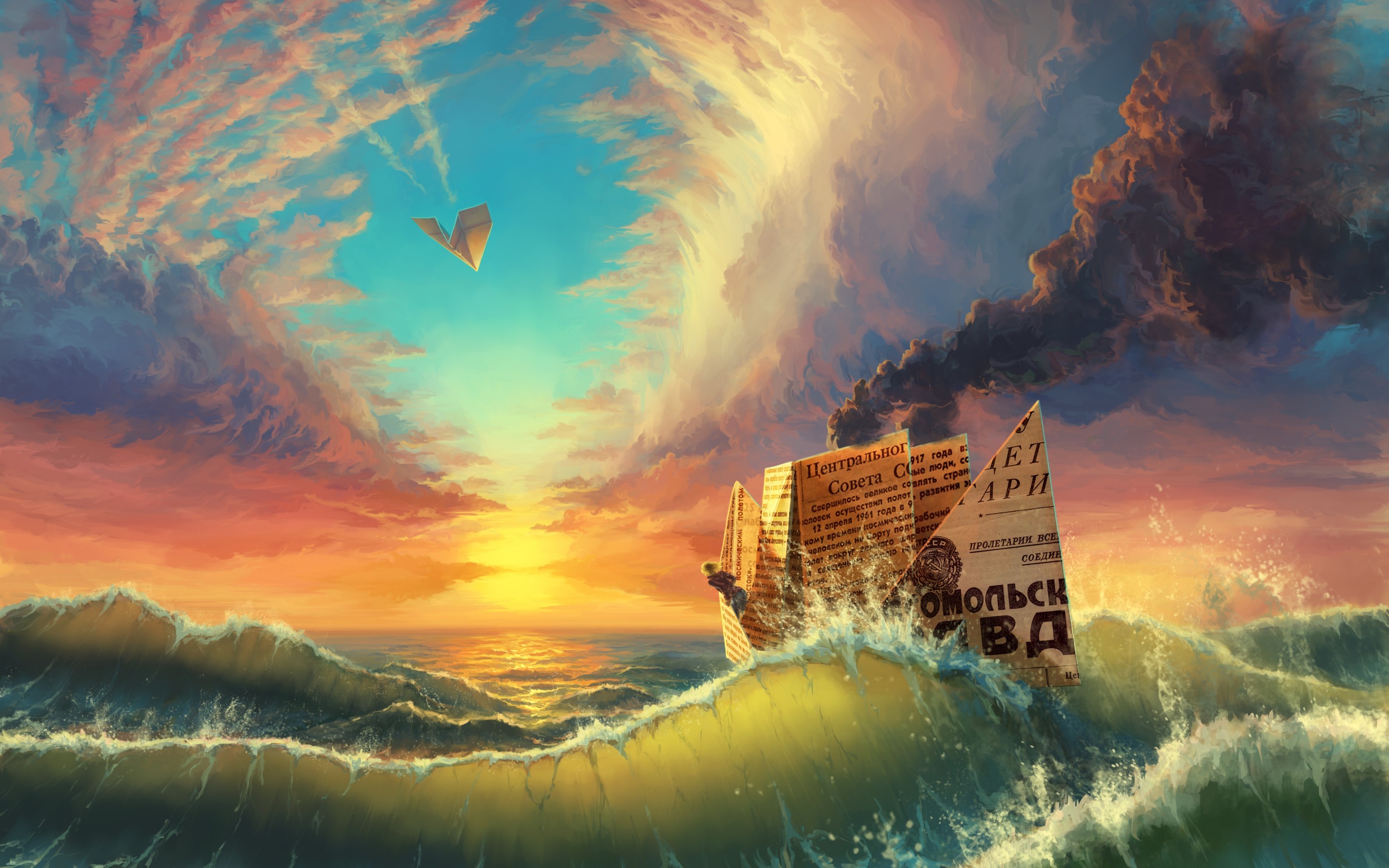 General 2880x1800 nature landscape ship water sea clouds digital art paper planes paper boats smoke waves sunset colorful Russian paper contrails USSR artwork