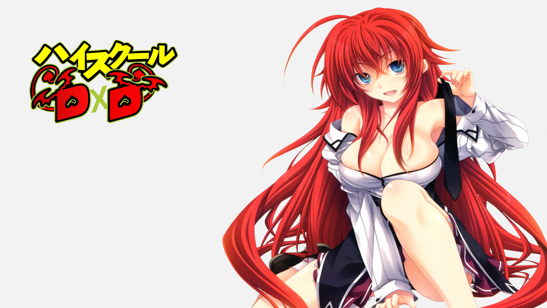 Anime 1920x1080 High School DxD anime girls Gremory Rias anime boobs big boobs redhead blue eyes open mouth cleavage curvy tie looking at viewer simple background white background long hair