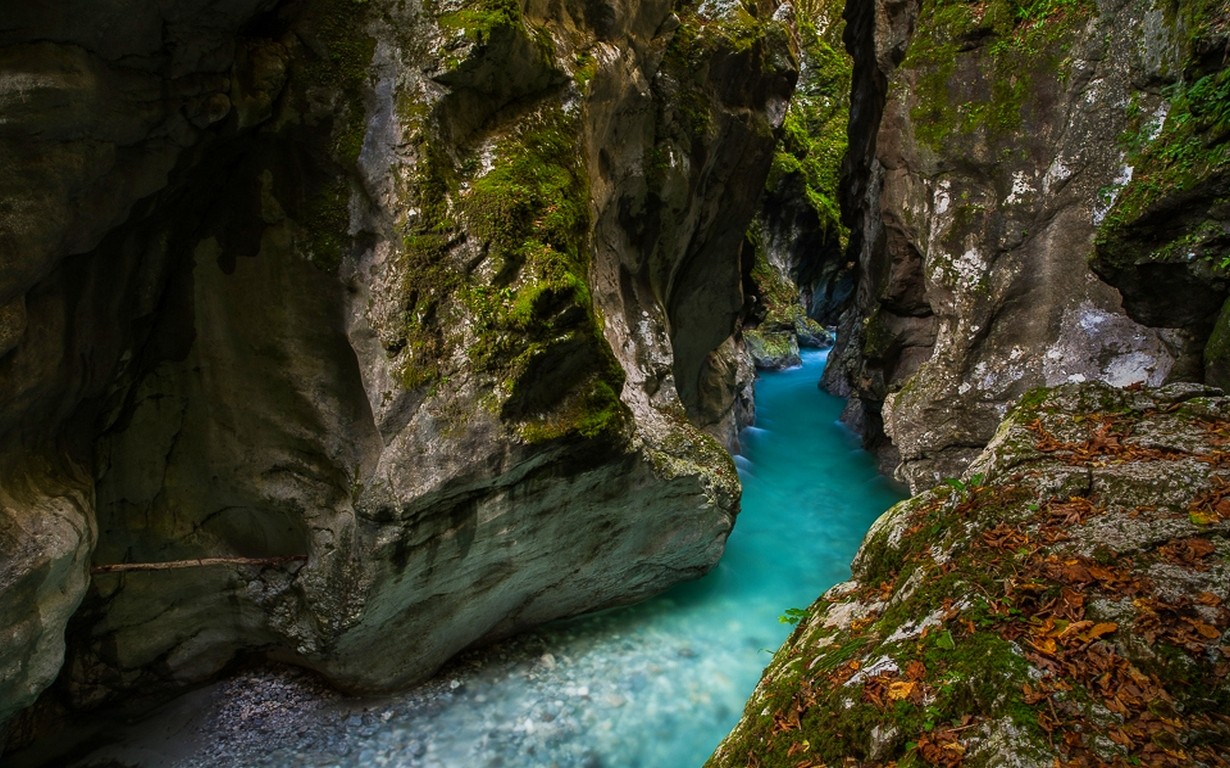 General 1230x768 nature canyon river moss turquoise water Slovenia rock rocks