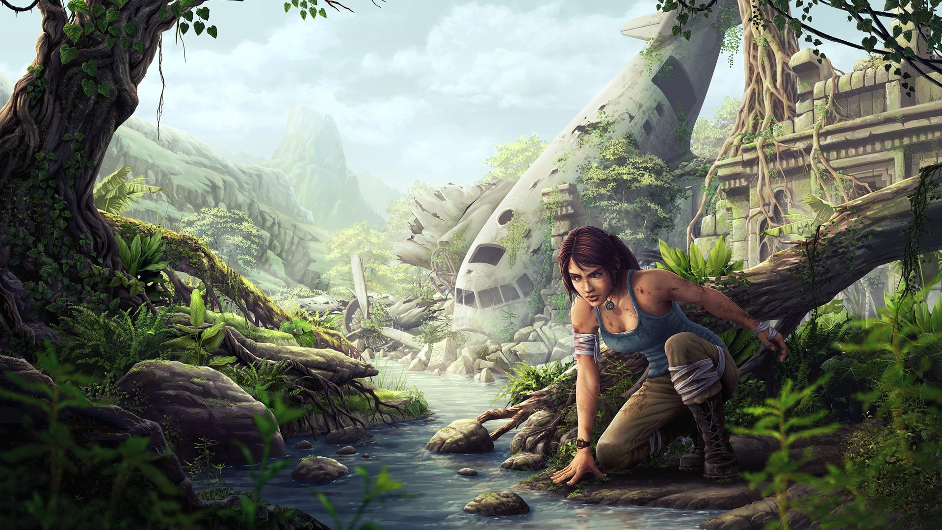 General 1920x1080 video games video game characters video game girls Tomb Raider fan art artwork video game art wreck aircraft necklace PC gaming Lara Croft (Tomb Raider)