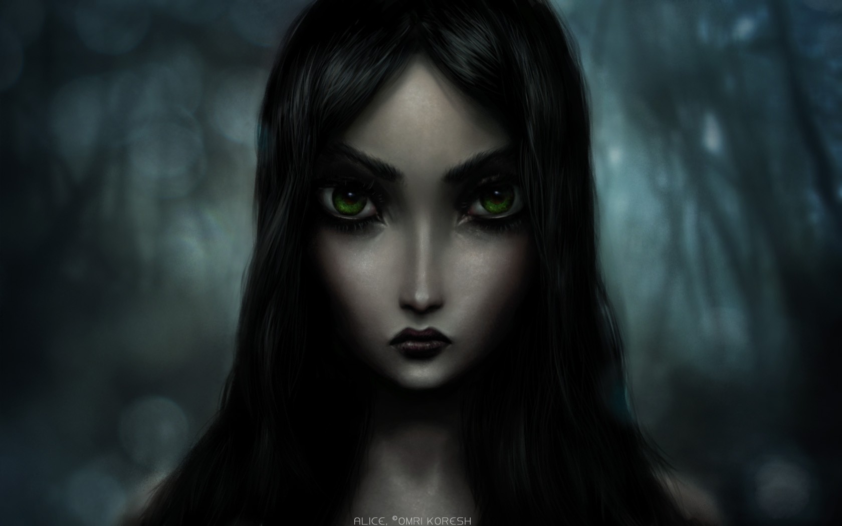 General 1680x1050 American McGee's Alice Alice: Madness Returns Alice in Wonderland Alice video games face fan art closeup black hair video game art video game girls green eyes