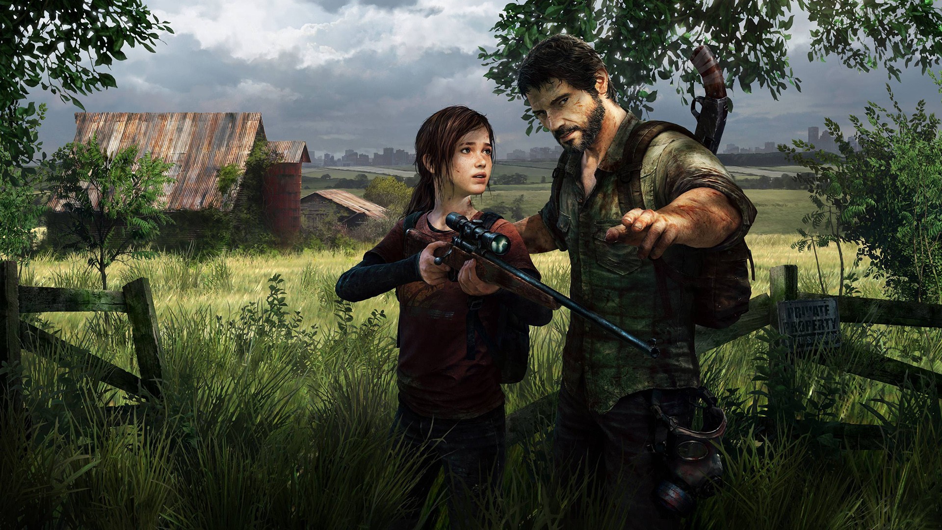 General 1920x1080 The Last of Us sniper rifle rifles video games artwork apocalyptic field grass fence cityscape finger pointing Joel Miller barns video game art PlayStation 3 gas masks video game girls video game characters video game men girls with guns weapon Ellie Williams