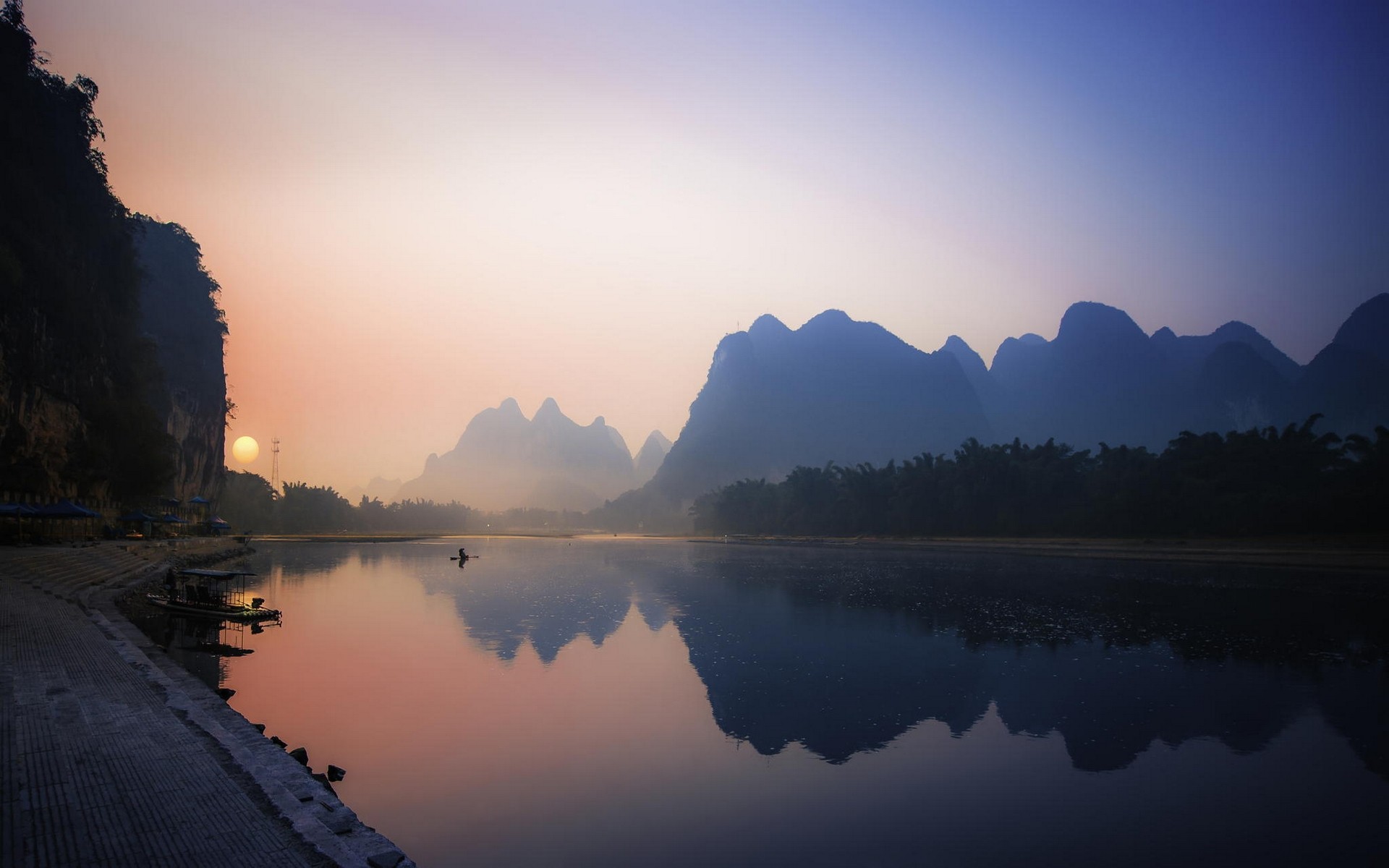 General 1920x1200 nature landscape reflection river mountains mist China boat water calm Asia
