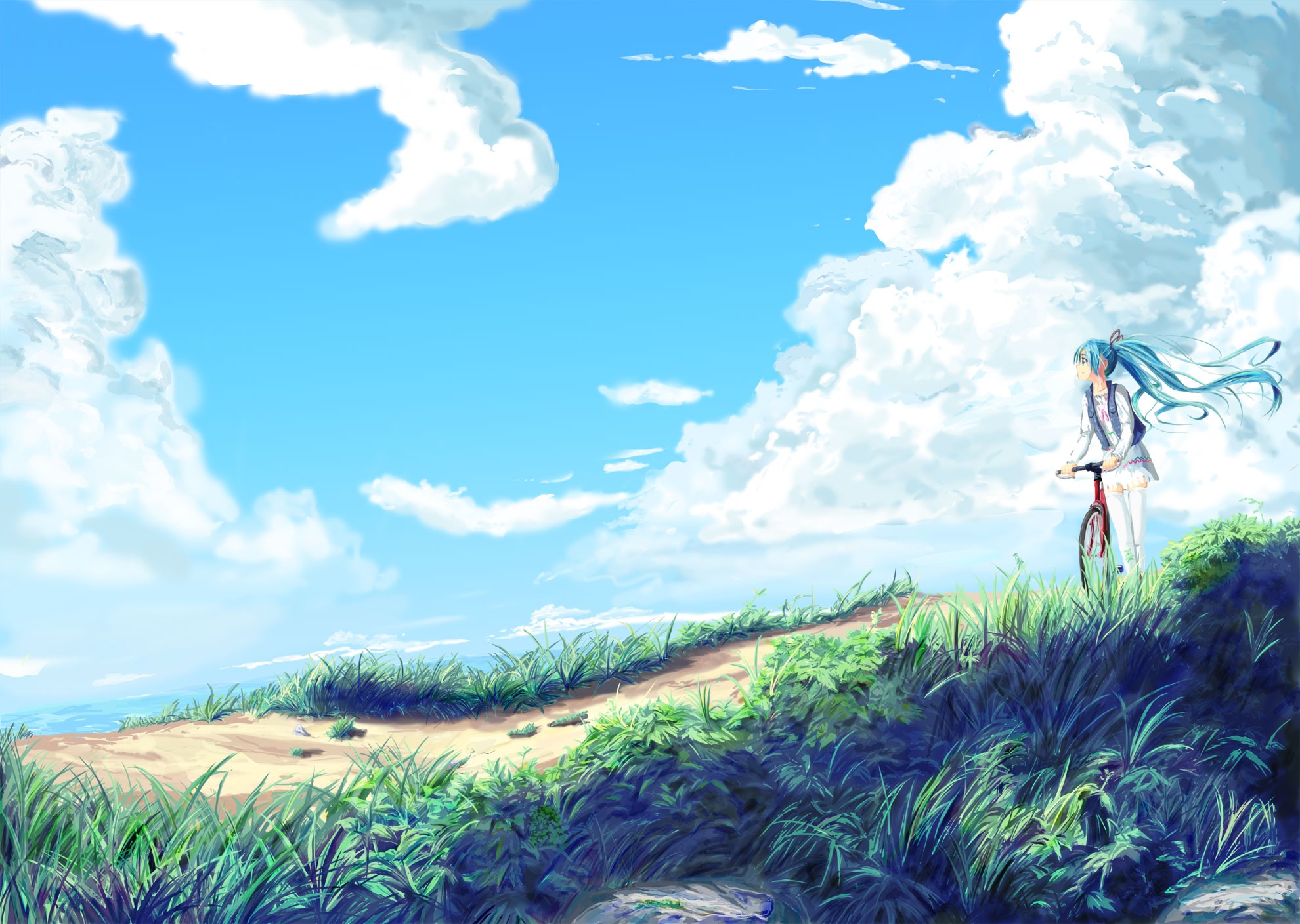 Anime 1980x1409 Vocaloid Hatsune Miku long hair twintails bicycle sky grass clouds water wind anime girls anime women with bicycles women outdoors