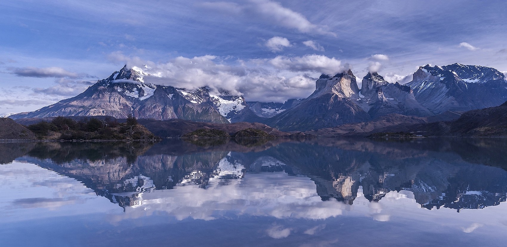 General 1700x828 nature landscape summer mountains morning reflection lake water clouds Torres del Paine Chile snowy peak Patagonia trees South America