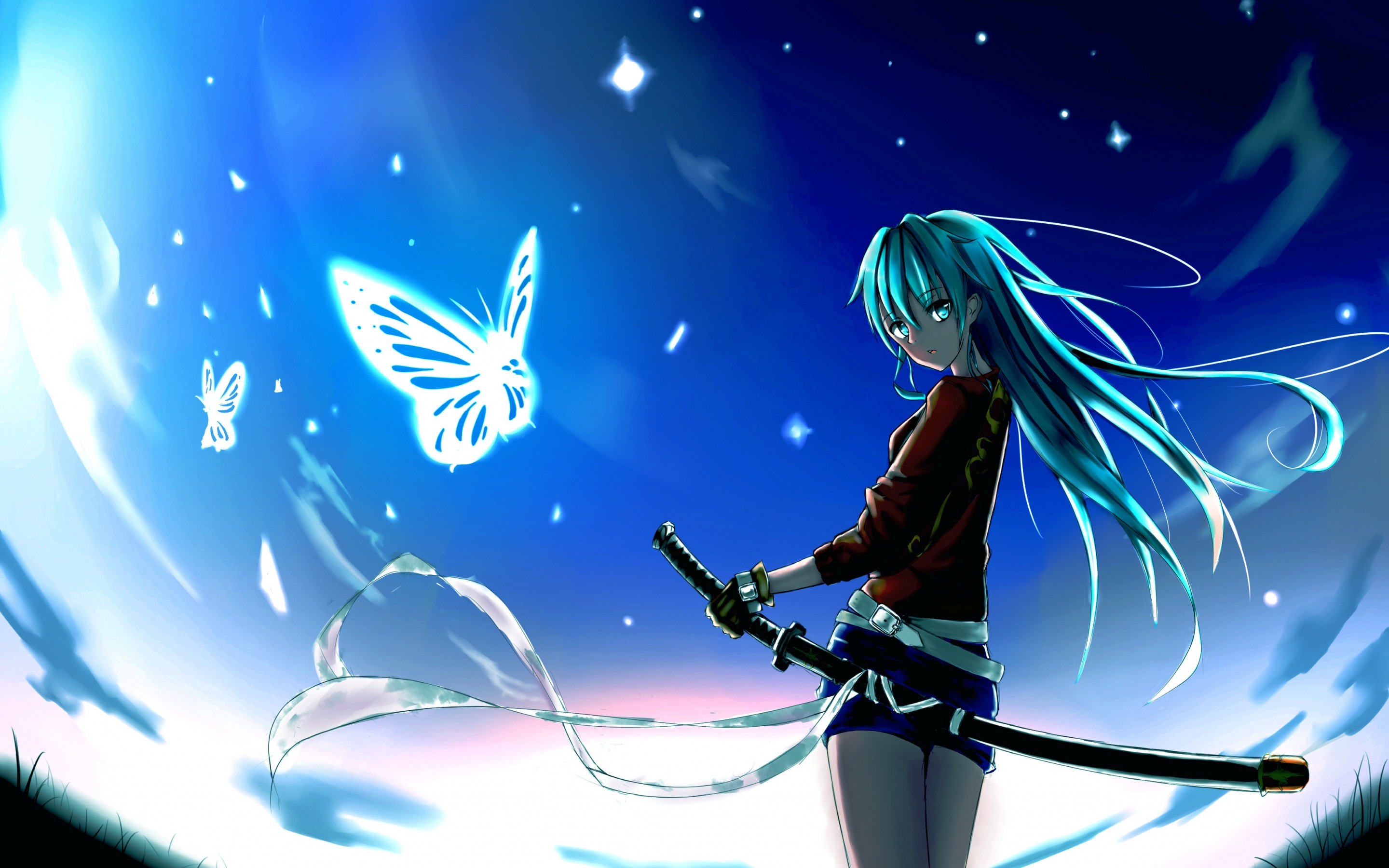 Anime 2880x1800 butterfly katana blue sword weapon women with swords cyan hair long hair