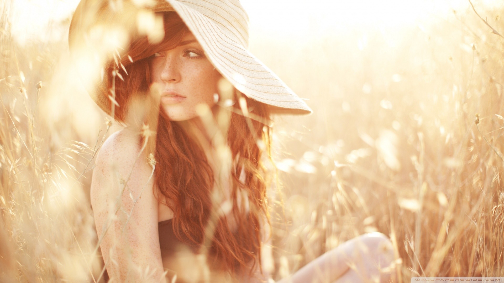 People 1920x1080 women redhead freckles Danielle Victoria Perry hat plants sunlight long hair women with hats model women outdoors looking away watermarked