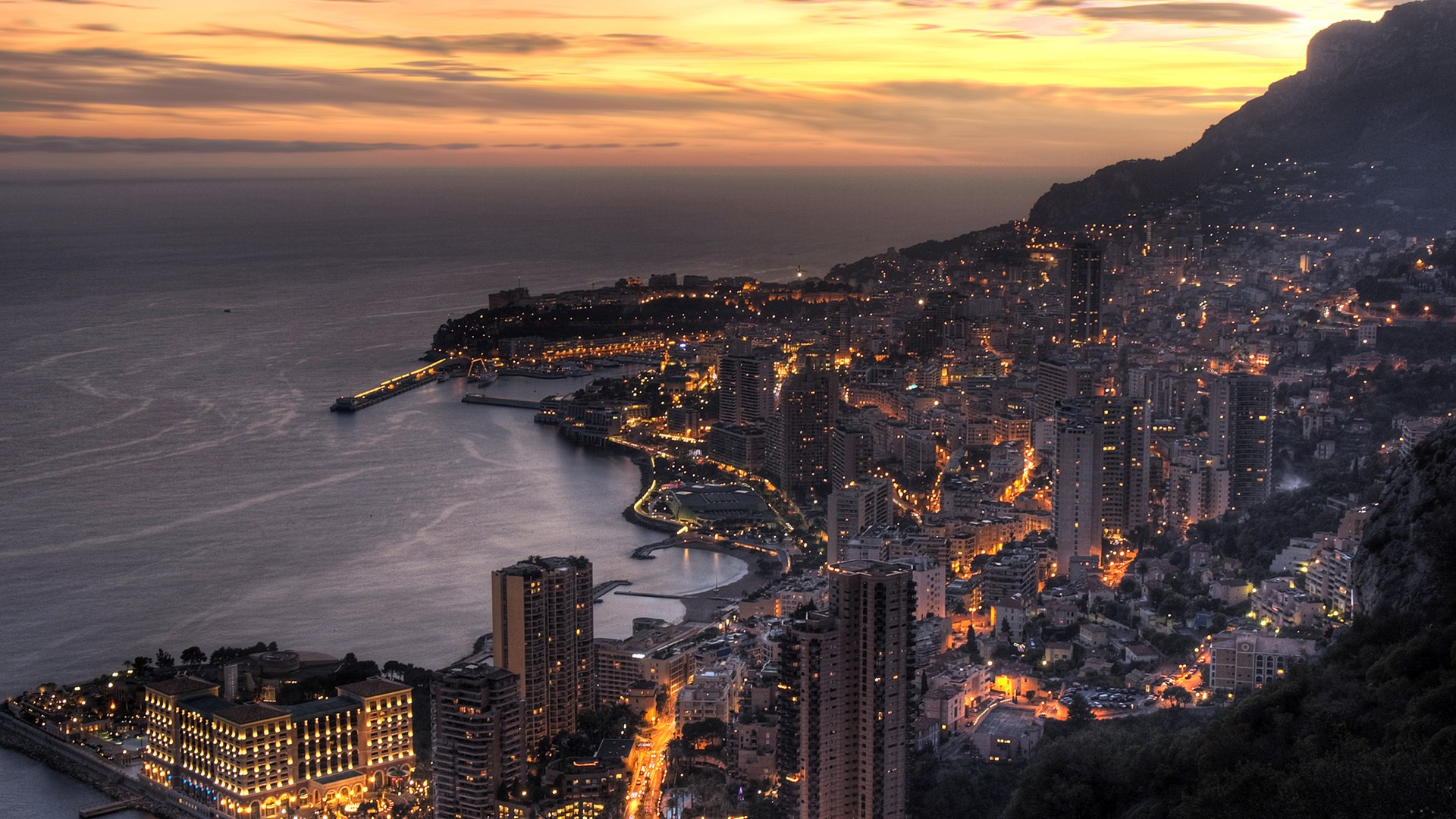 General 1920x1080 cityscape sunset Monaco sea sky sunlight cropped low light