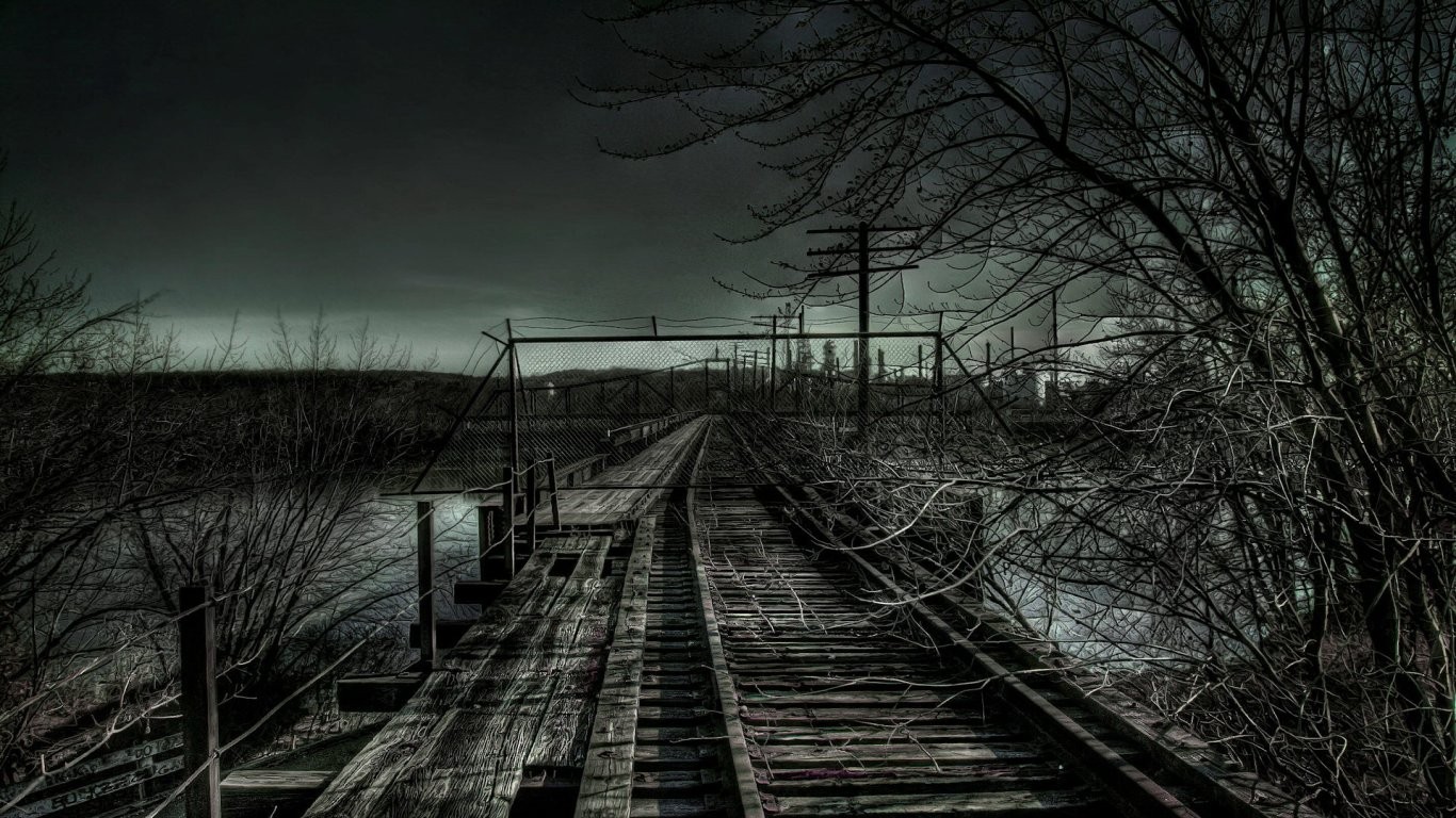 General 1366x768 railway dark landscape fence futuristic apocalyptic power lines