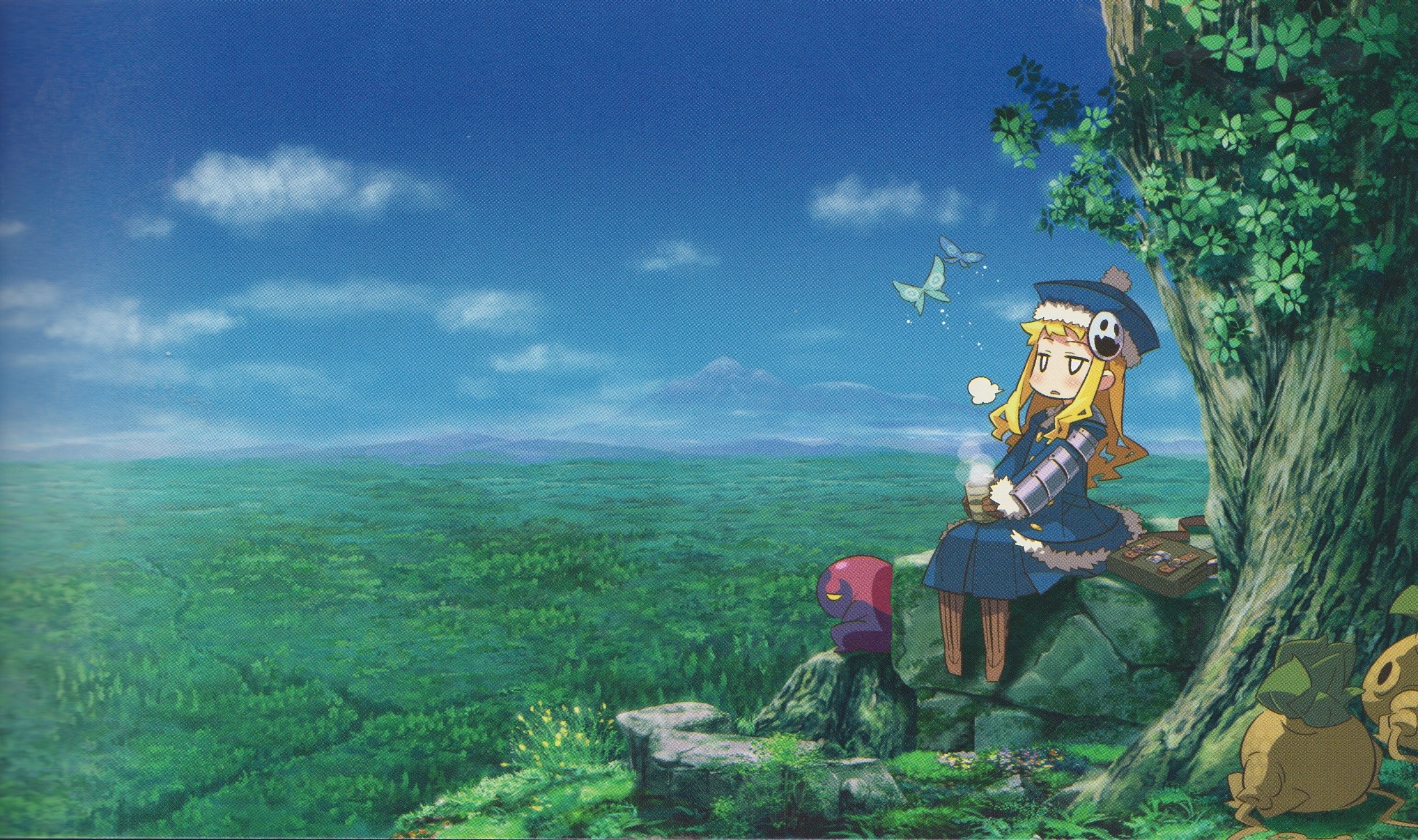 Anime 2035x1205 nature landscape anime anime girls sitting digital art steam (heat) long hair sky blonde cup drink looking away outdoors women outdoors