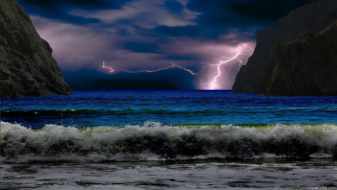 General 1366x768 landscape beach sea storm nature lightning