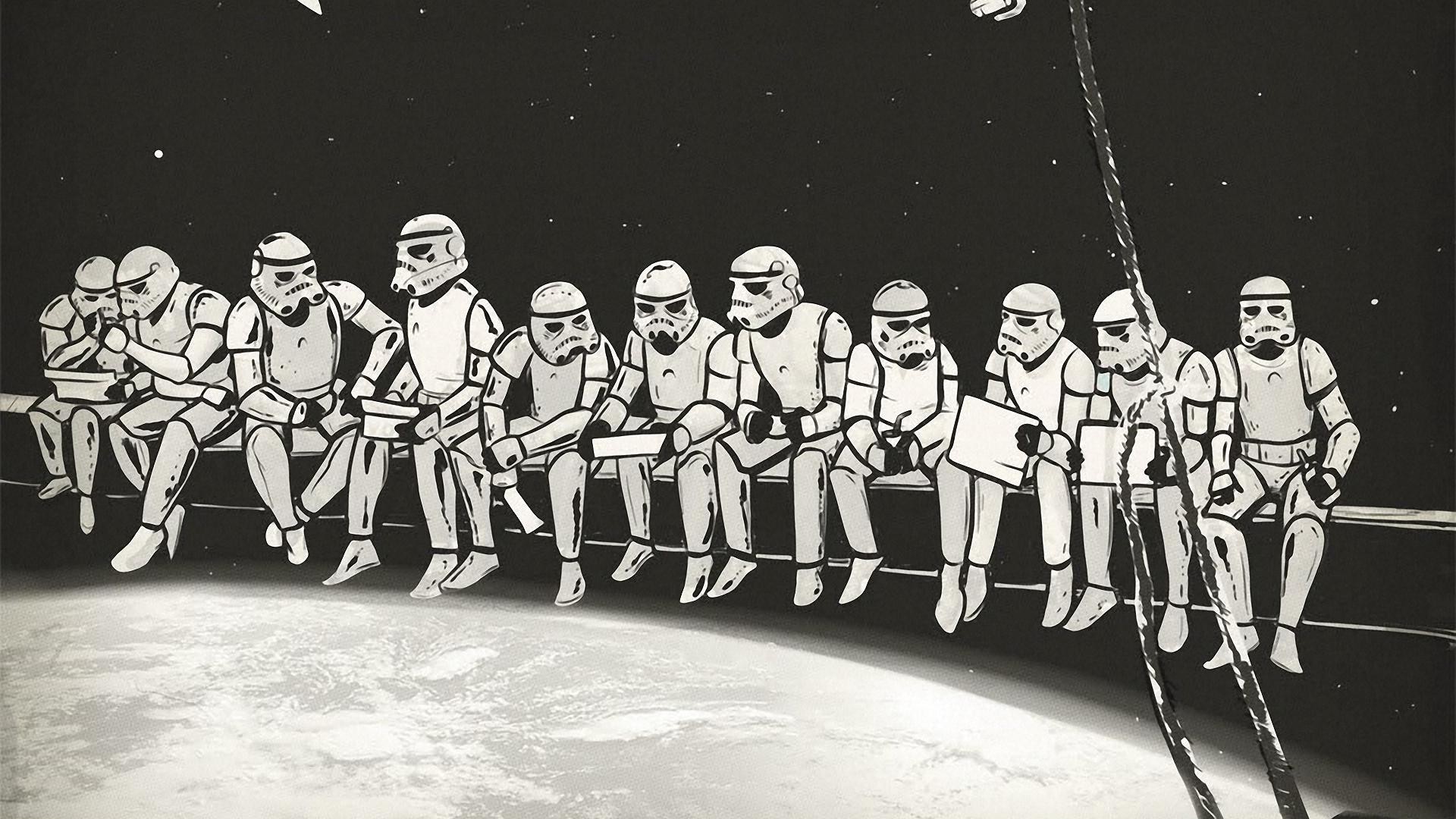 General 1920x1080 stormtrooper artwork workers crossover Star Wars parody monochrome sitting