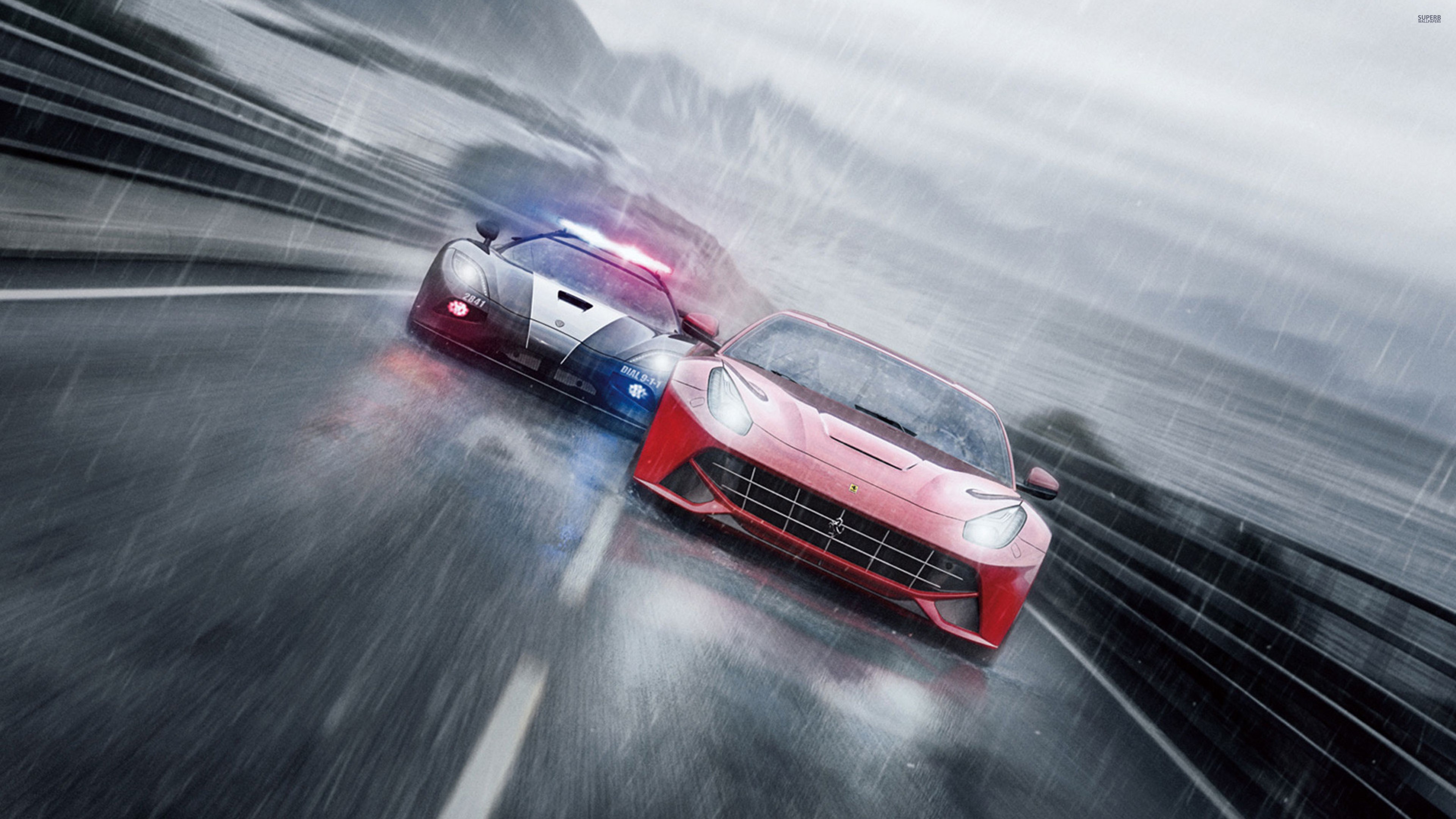 General 3840x2160 rain road Need for Speed: Rivals video games racing police cars Ferrari video game art EA Games car vehicle wet road Koenigsegg asphalt