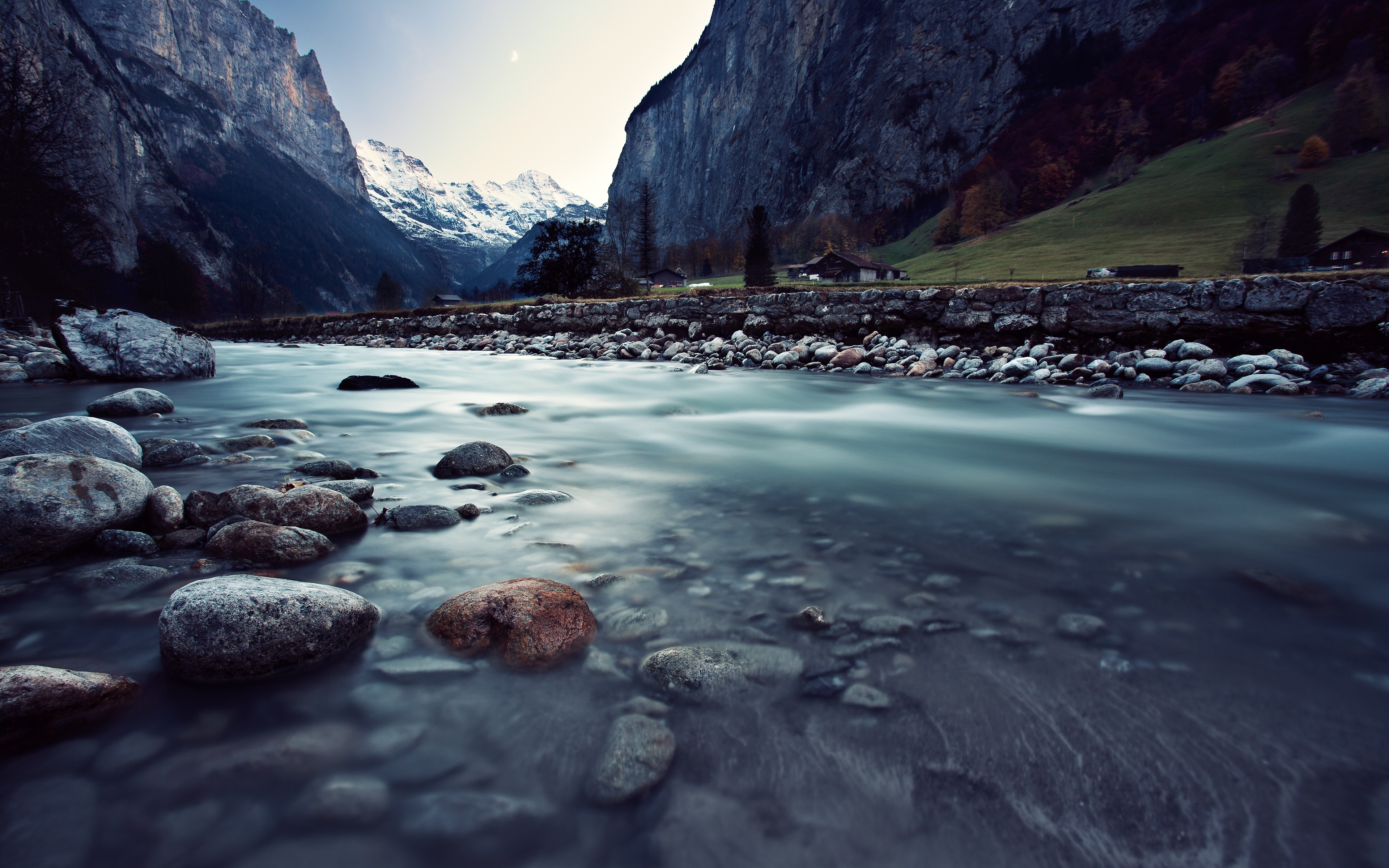 General 3840x2400 sky lake water nature mountains Switzerland creeks river rocks trees landscape stones snow snowy mountain long exposure